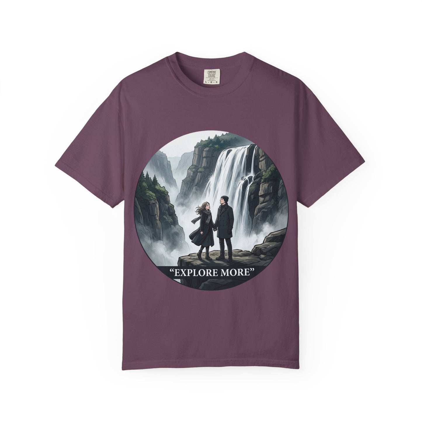 Explore More T-Shirt — Adventure Graphic Tee with Waterfall Scene