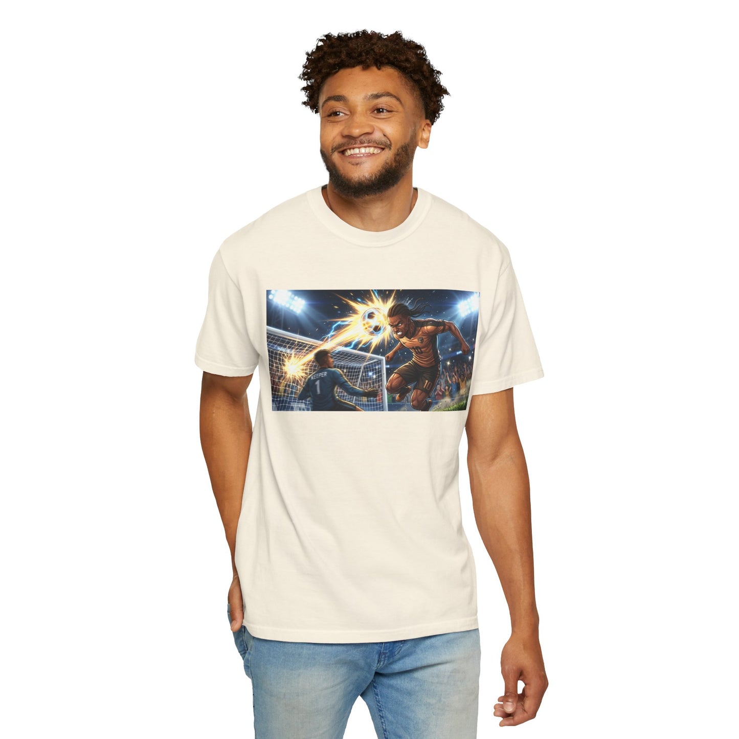 Soccer Goal Celebration T-Shirt — Action Football Scene Graphic Tee