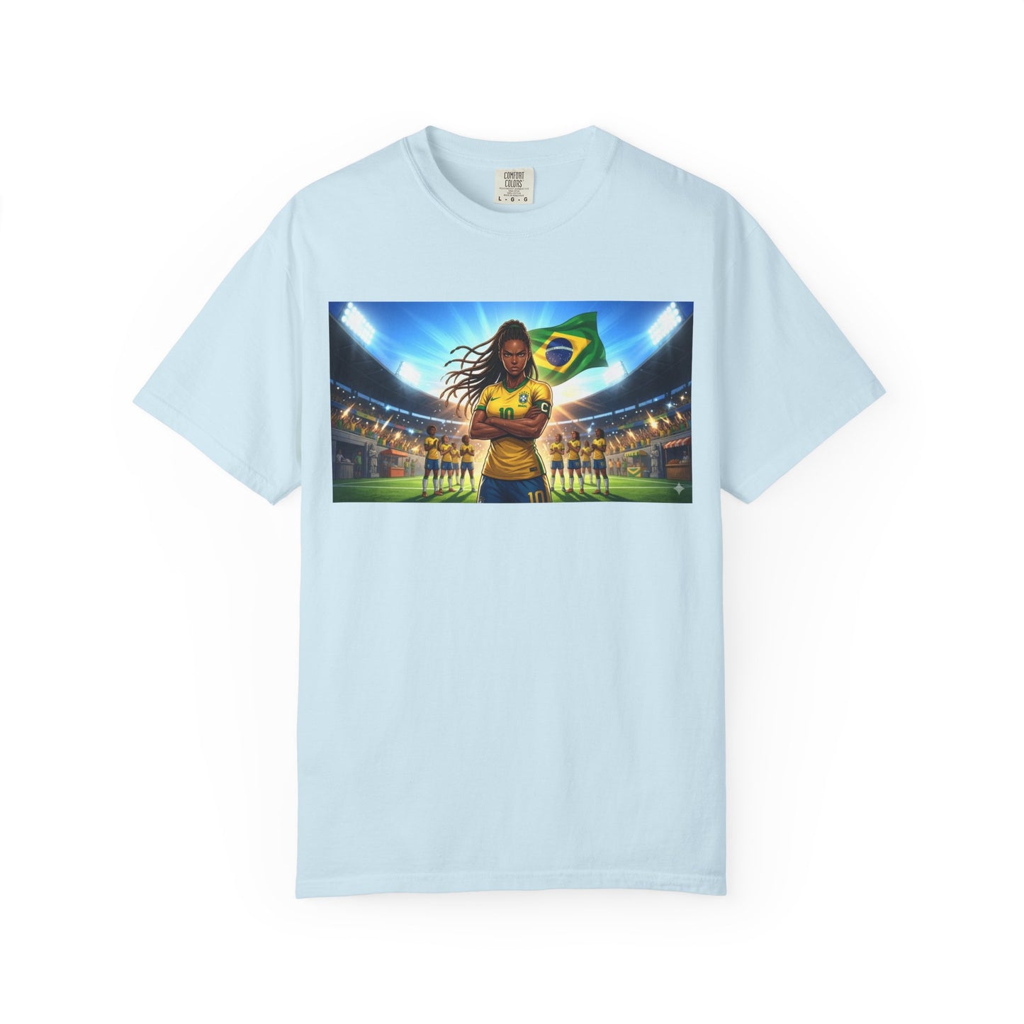 Brazil Soccer Captain T-Shirt — Player Holding Ball with Brazilian Flag Stadium Graphic