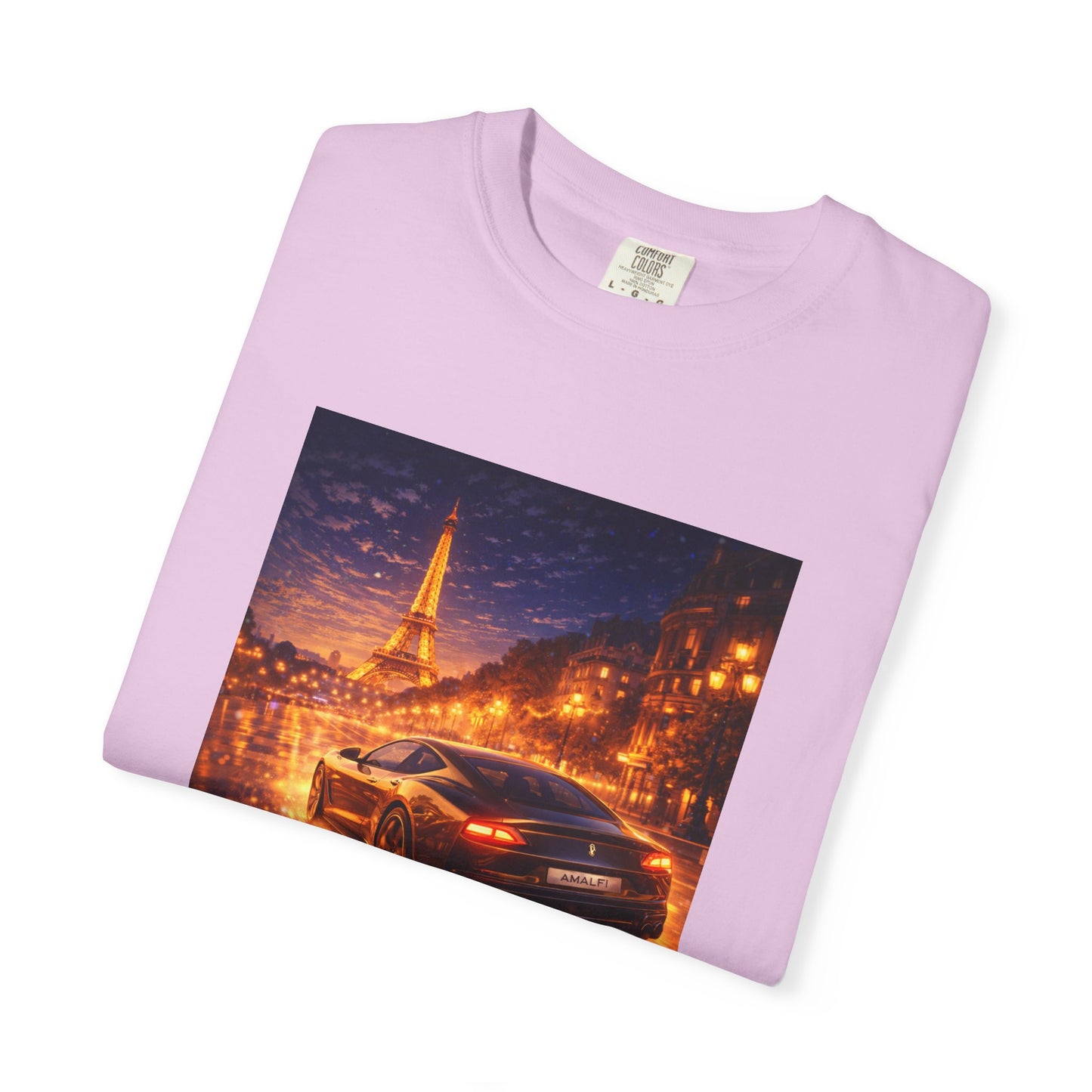 Paris Night Drive T-Shirt — Sports Car in Rainy Cityscape