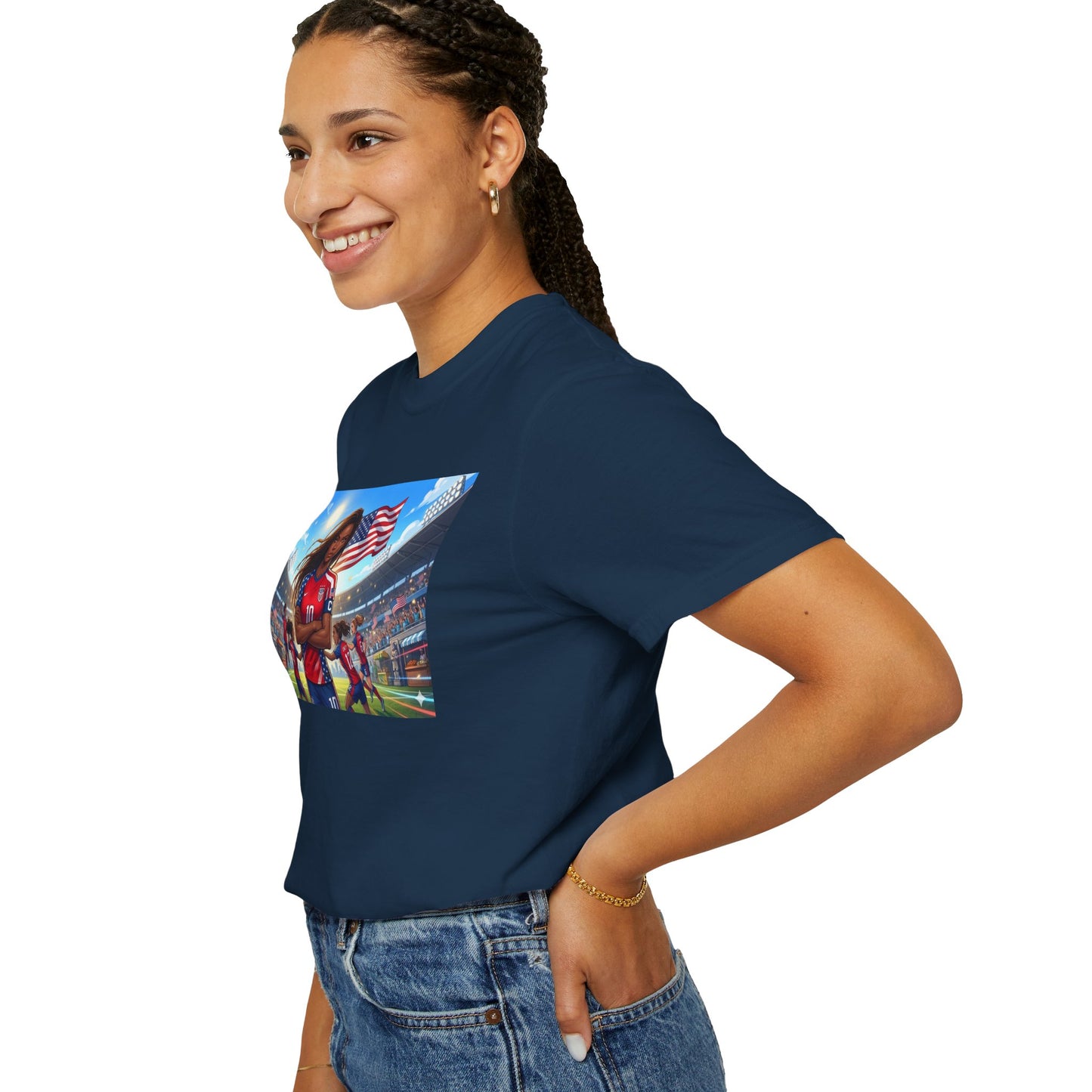 Soccer Mom USA T-Shirt — Female Soccer Player with American Flag Stadium Graphic
