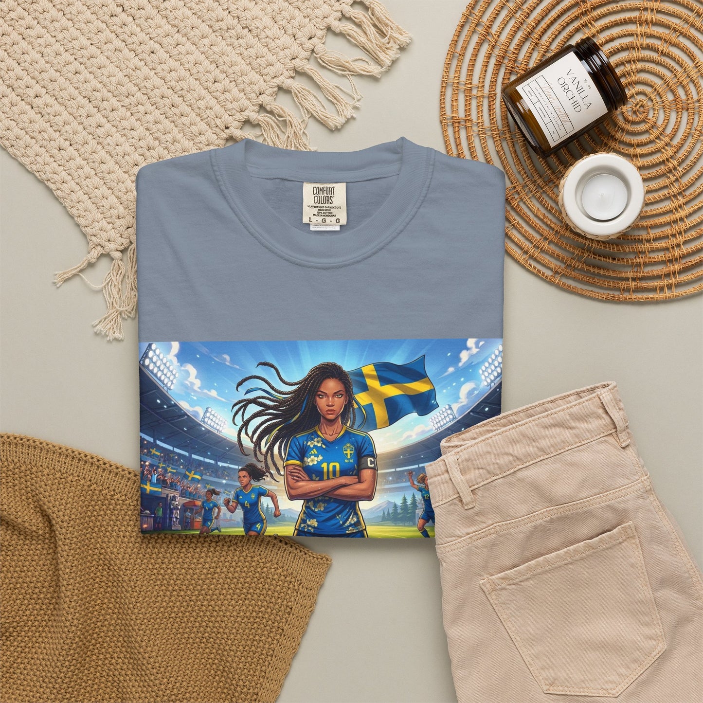 Swedish Soccer Pride T-Shirt — Female Footballer with Flag Stadium Design