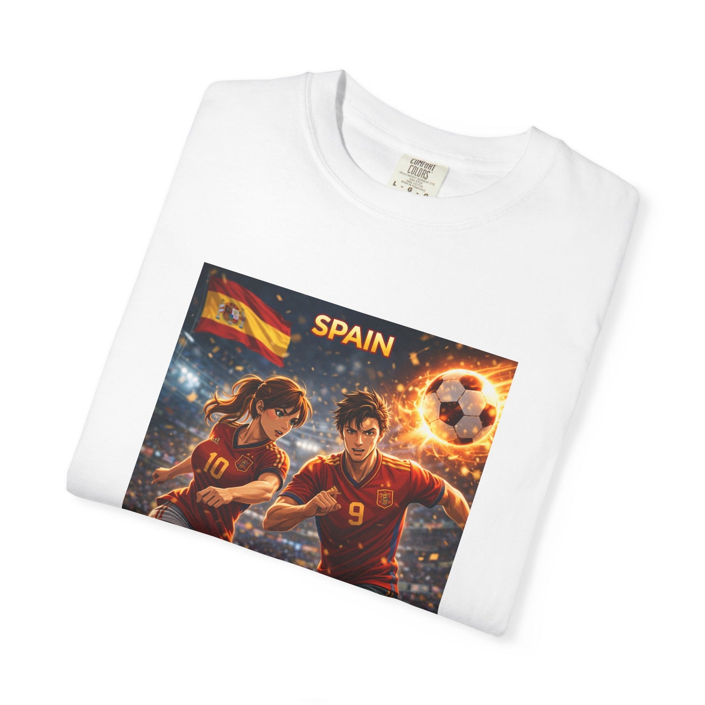 Spain Soccer Graphic T-Shirt — Retro Match Scene with Flag
