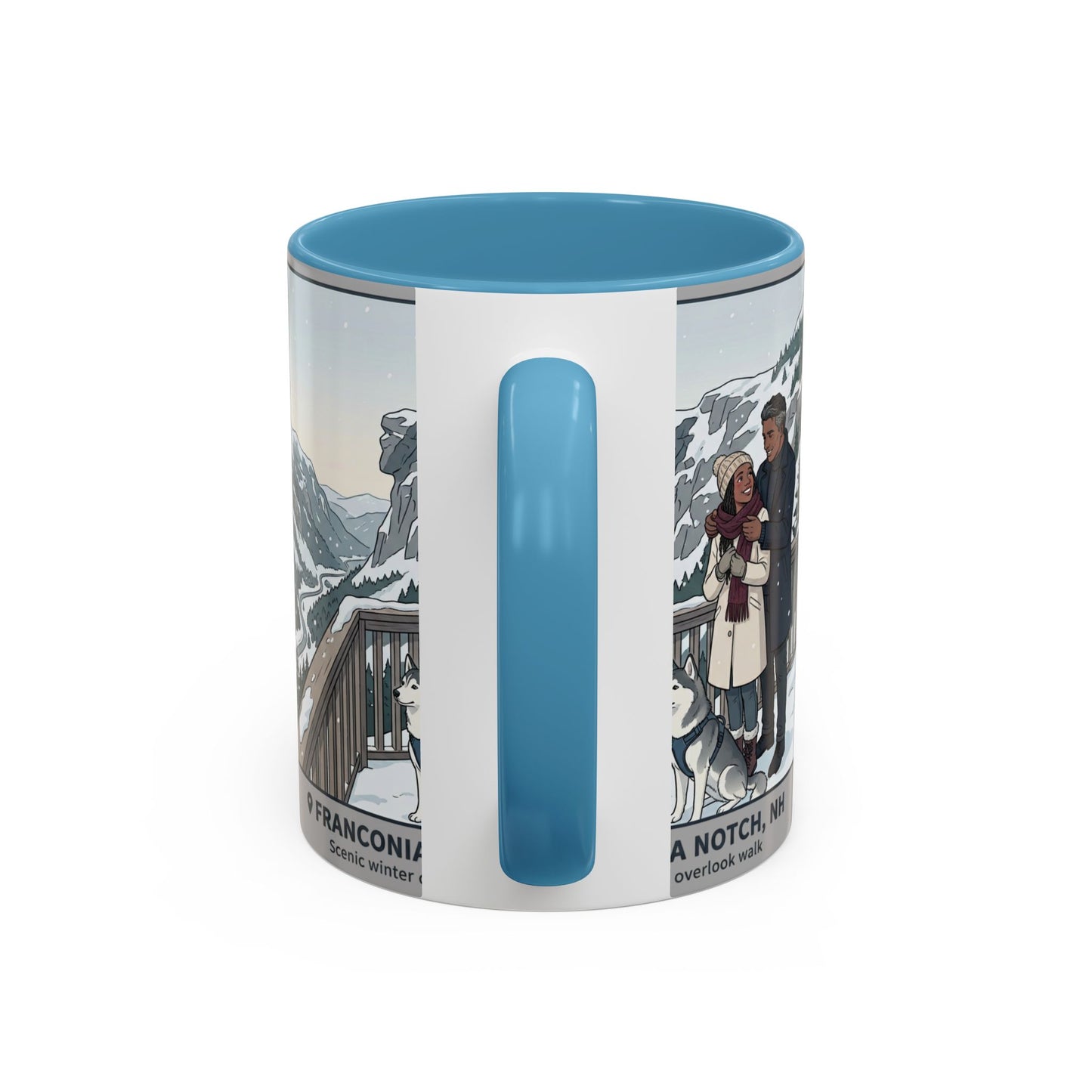 Franconia Notch Scenic Winter Mug — Couples & Dog Snowy Overlook Coffee Cup (11/15oz)