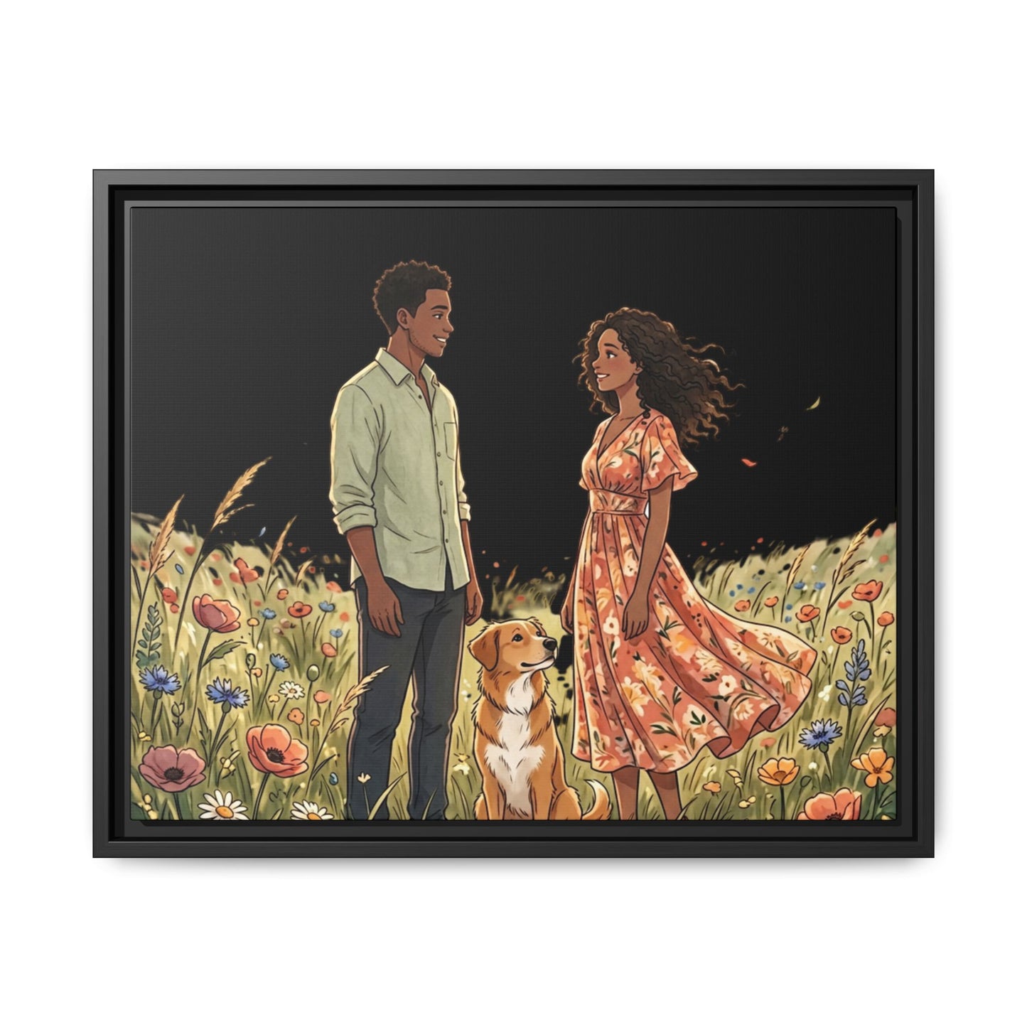 Framed Matte Canvas Print — Romantic Couple in Wildflower Field (Multi‑Color)