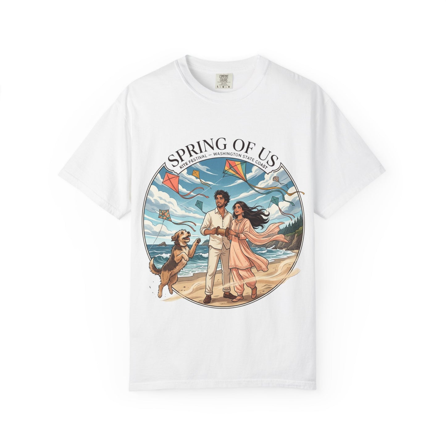 Spring of Us T-Shirt — Romantic Beach Couple Illustration with Dog