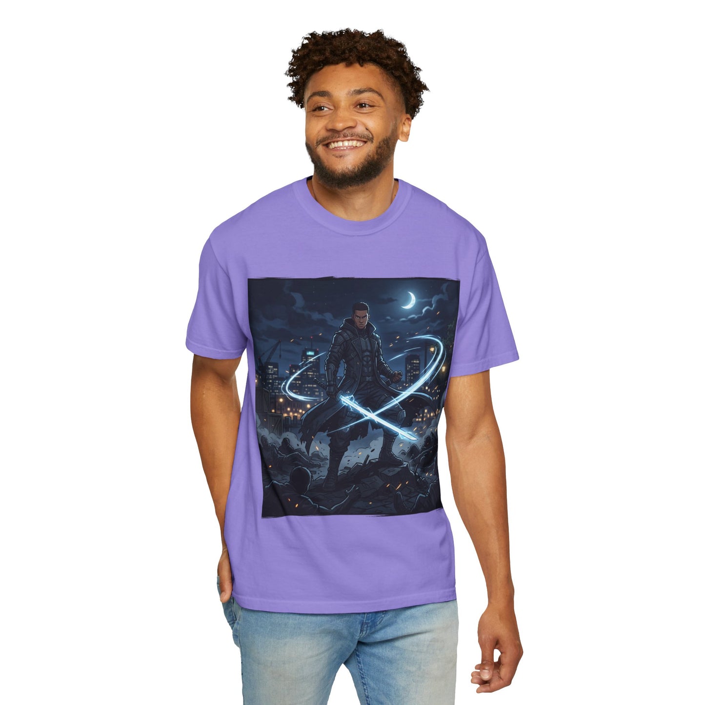 Urban Night Warrior T-Shirt — Neon Samurai Cityscape