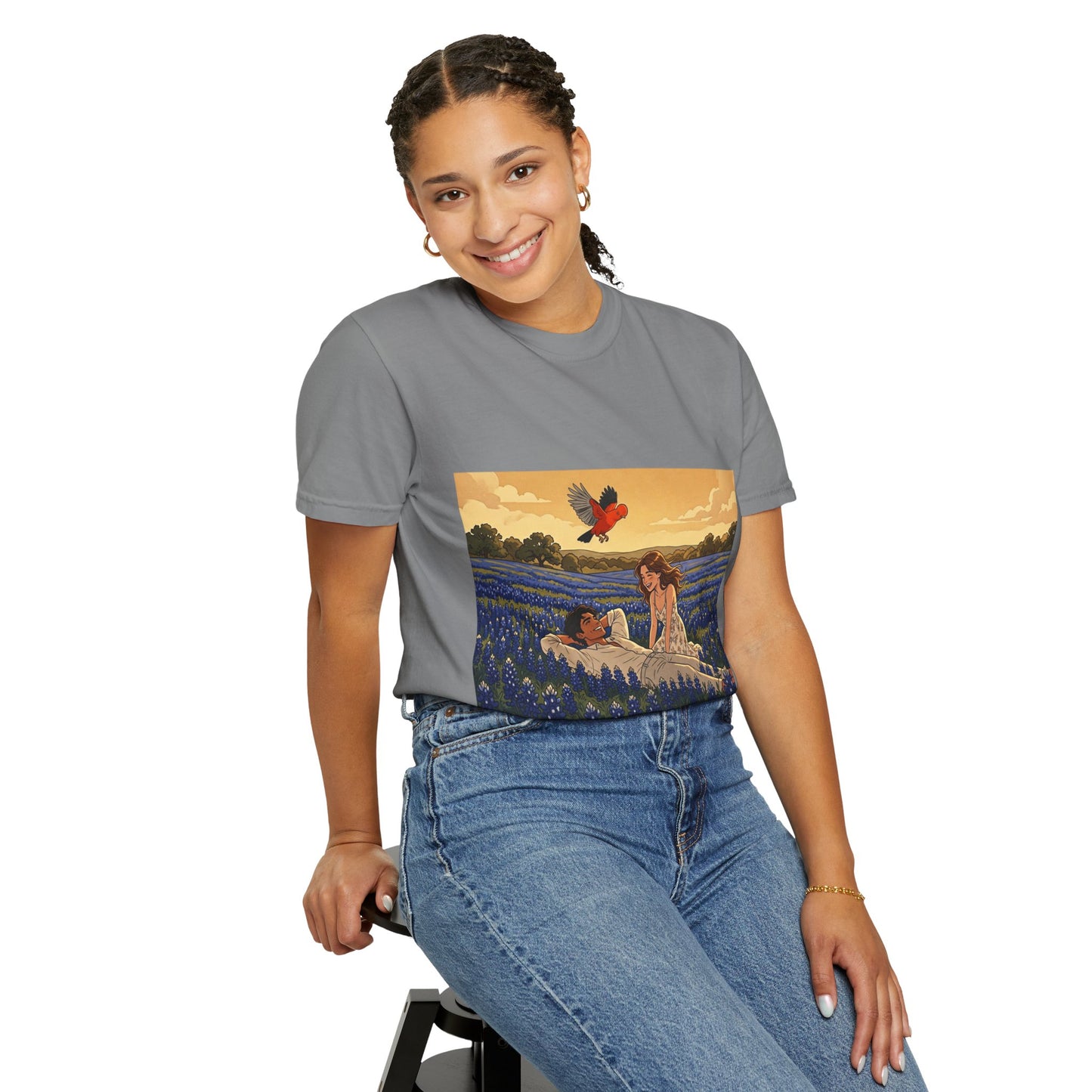 Romantic Bluebonnet Field T-Shirt — Couple in Wildflower Meadow Art Tee