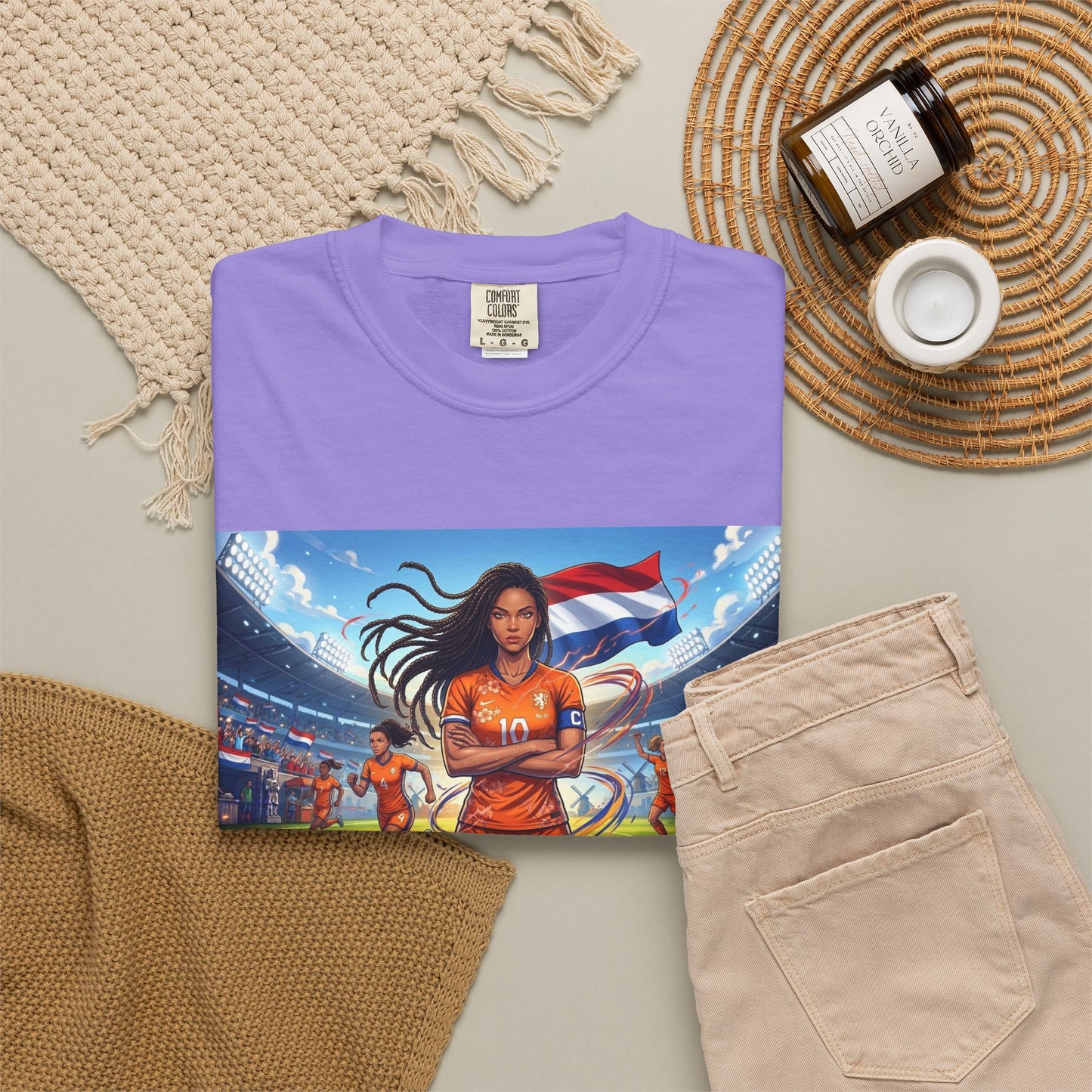Soccer Warrior T-Shirt — Netherlands Female Captain with Flag Stadium Graphic