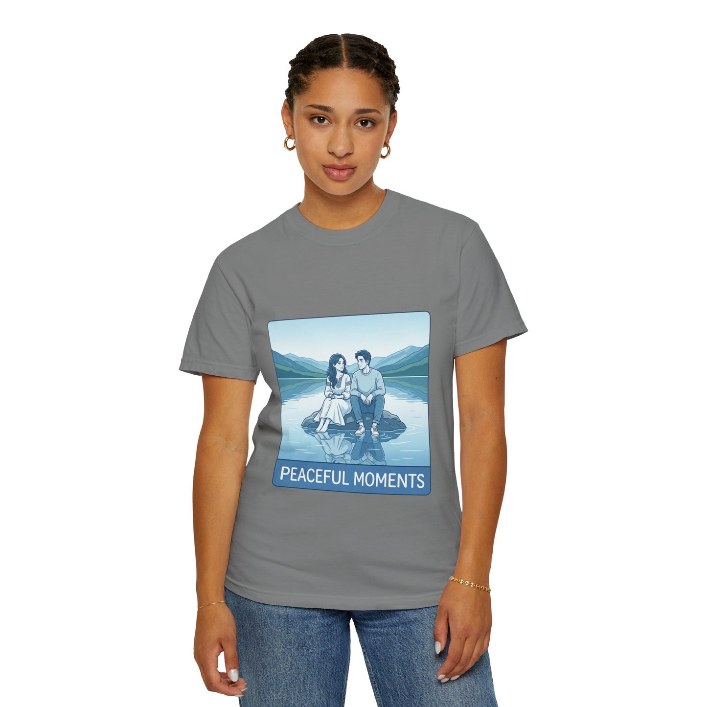 Peaceful Moments Tee — Couple Sitting by Lake Graphic T-Shirt