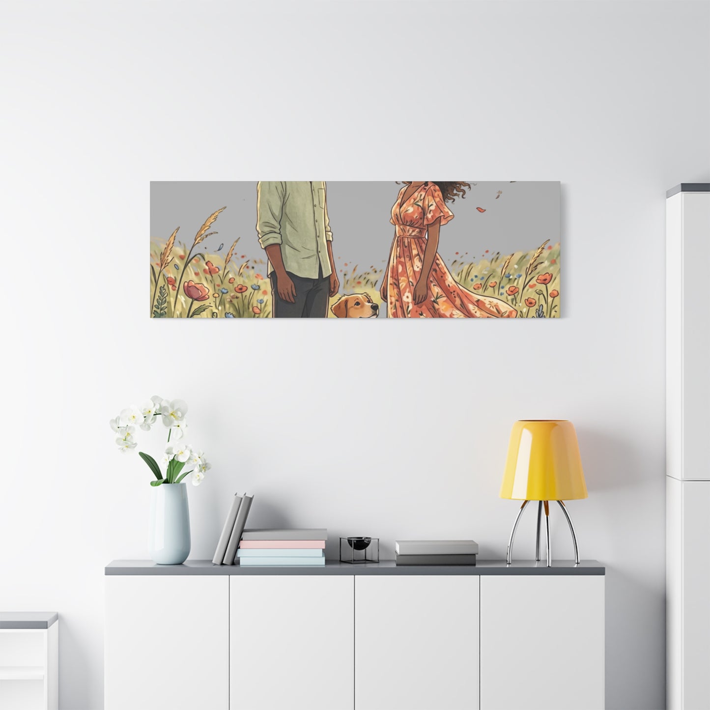 Romantic Couple in Wildflower Field Canvas Art — Black Love Wall Decor with Dog