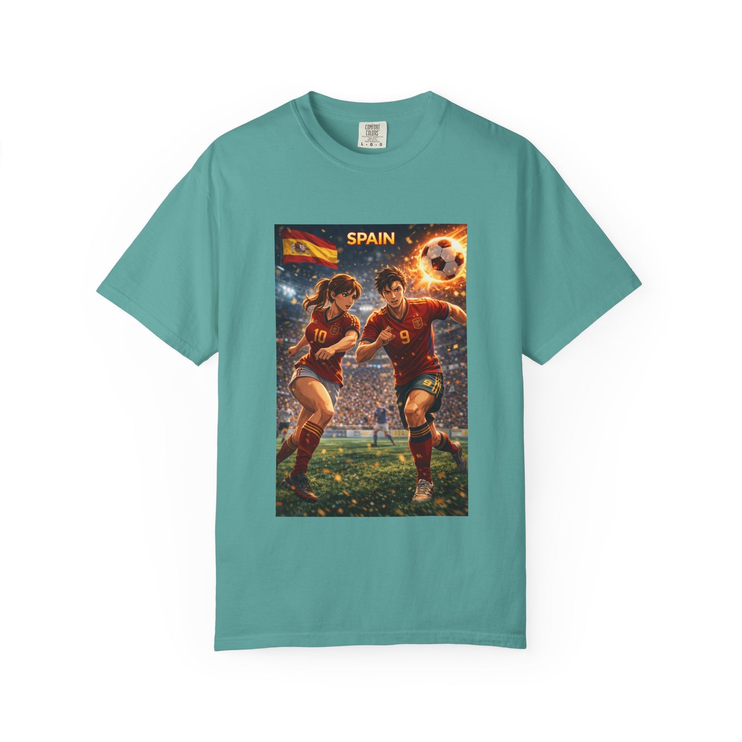 Spain Soccer Graphic T-Shirt — Retro Match Scene with Flag