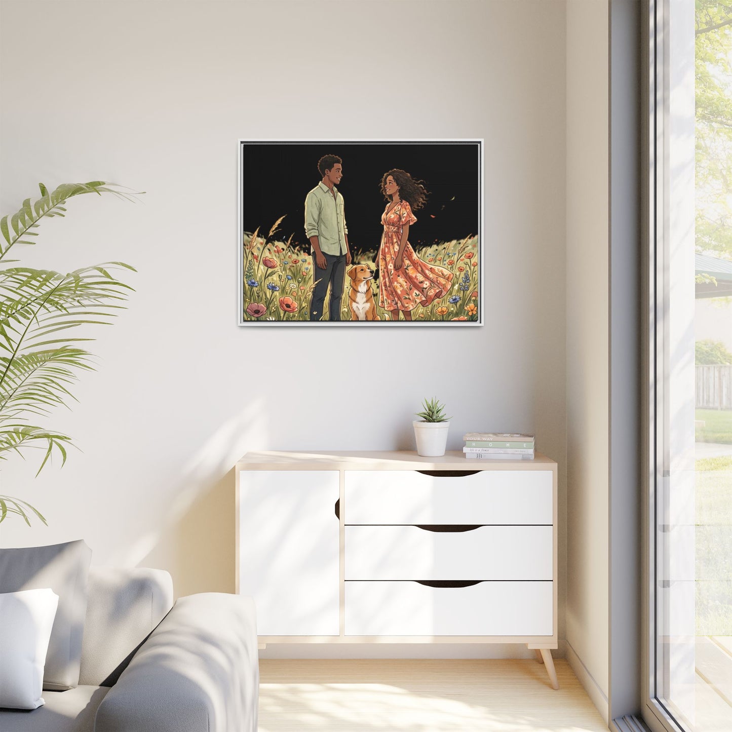 Framed Matte Canvas Print — Romantic Couple in Wildflower Field (Multi‑Color)