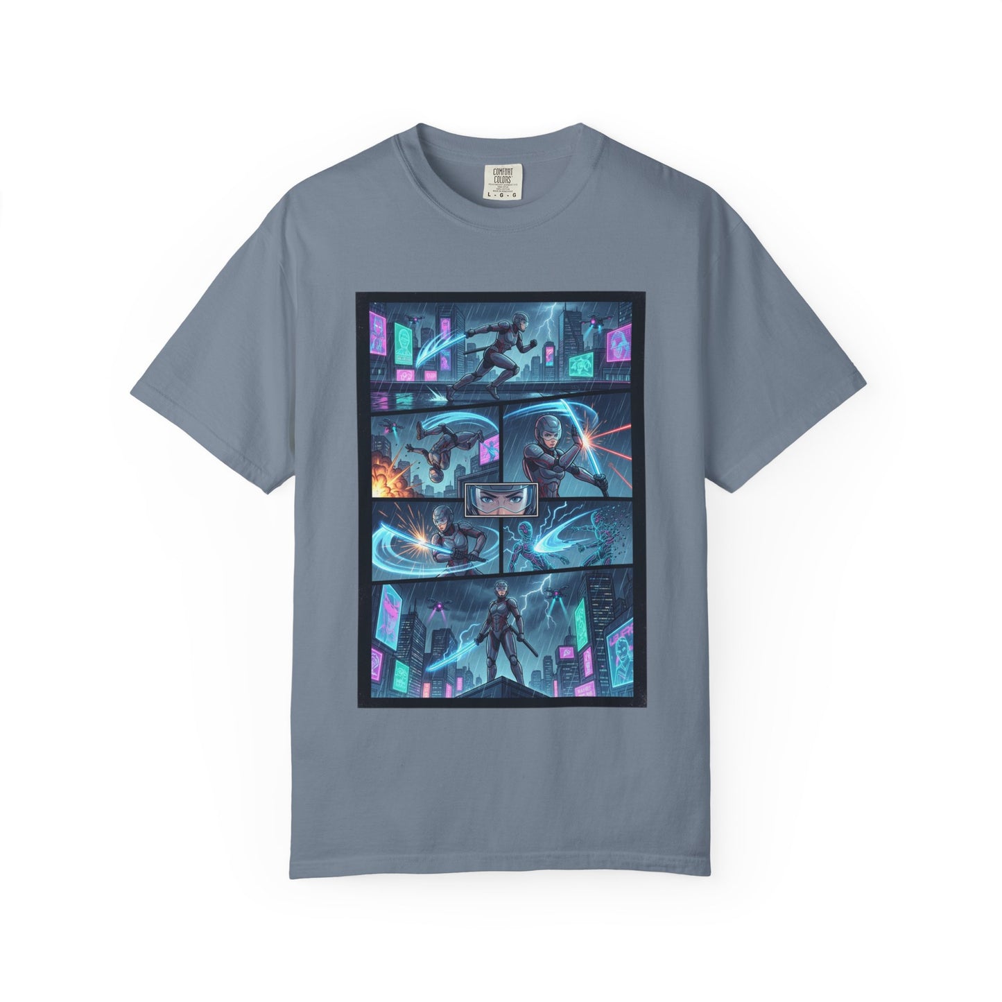Cyberpunk Girl Samurai T-Shirt — Neon Manga Panel Graphic Tee