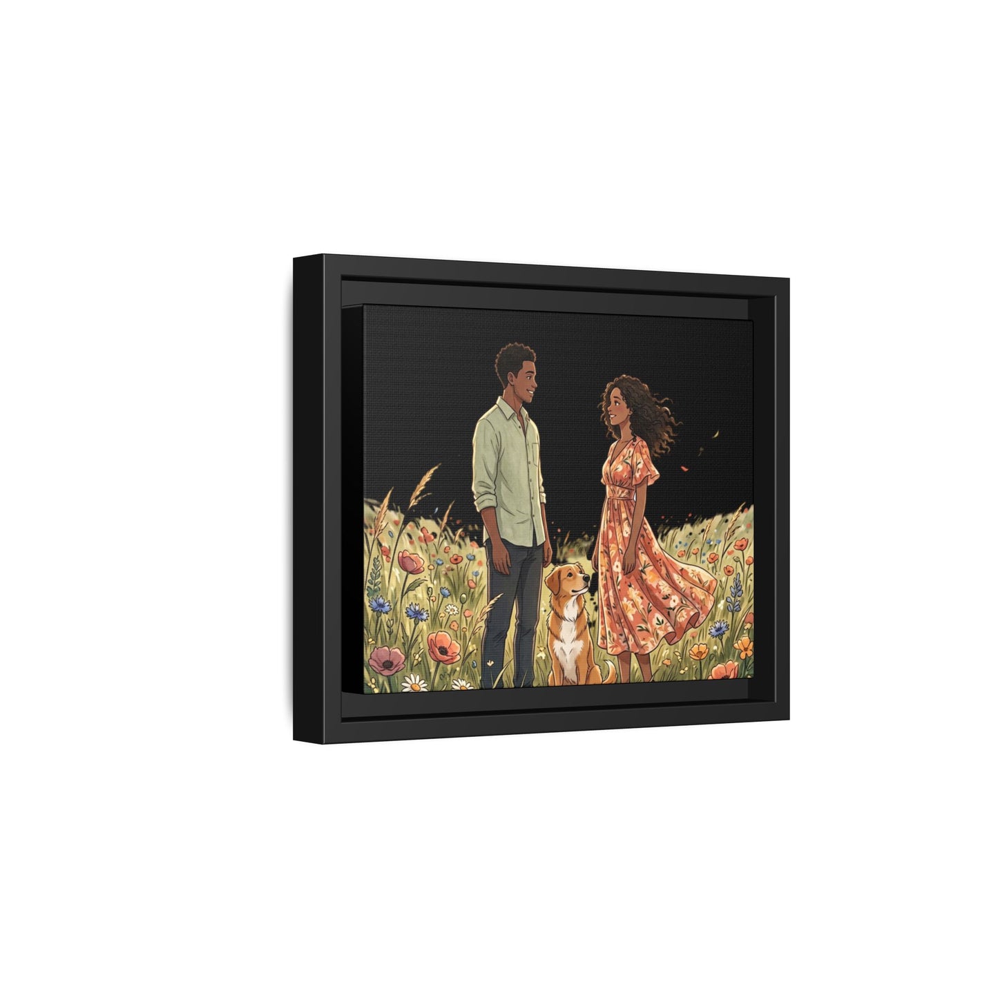 Framed Matte Canvas Print — Romantic Couple in Wildflower Field (Multi‑Color)