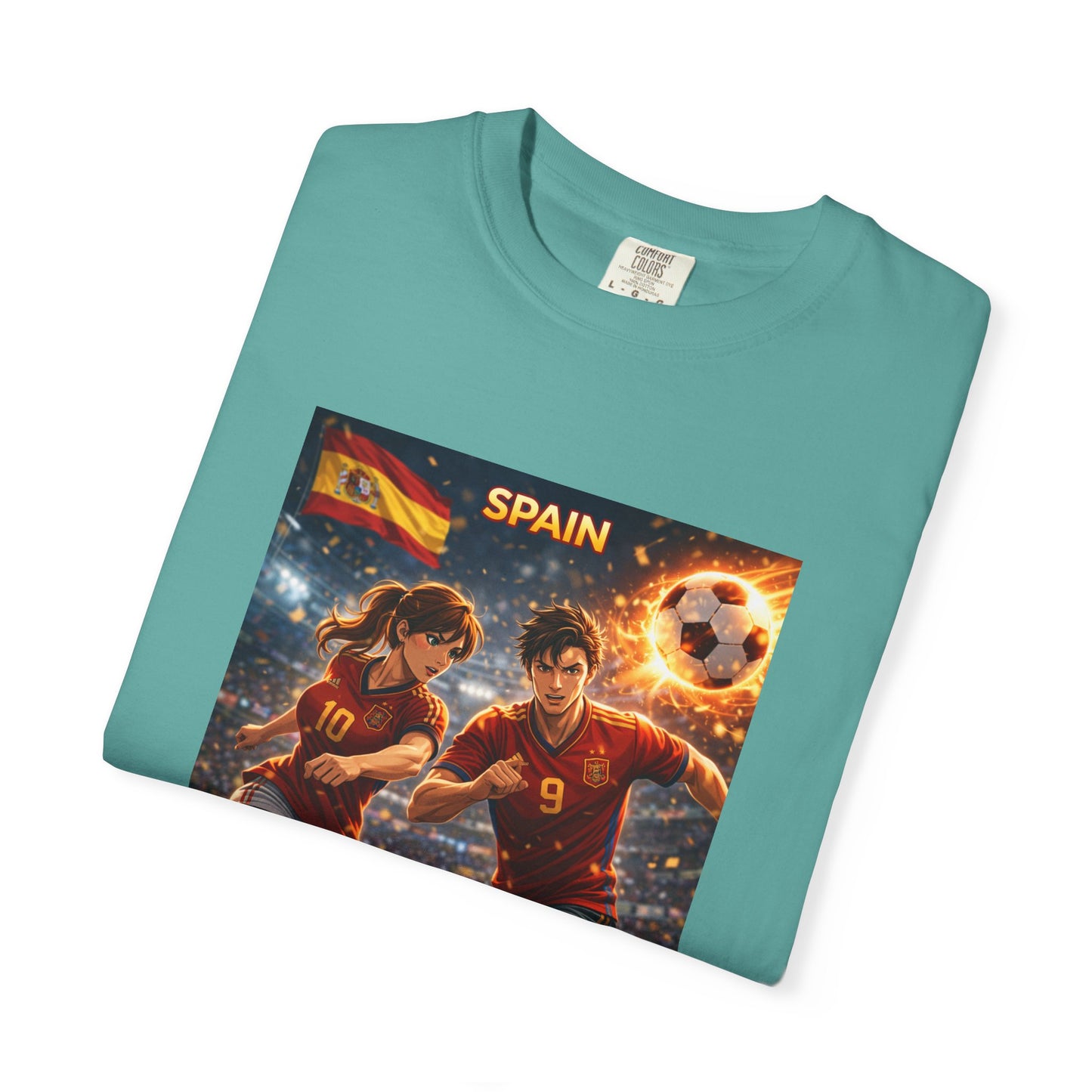 Spain Soccer Graphic T-Shirt — Retro Match Scene with Flag