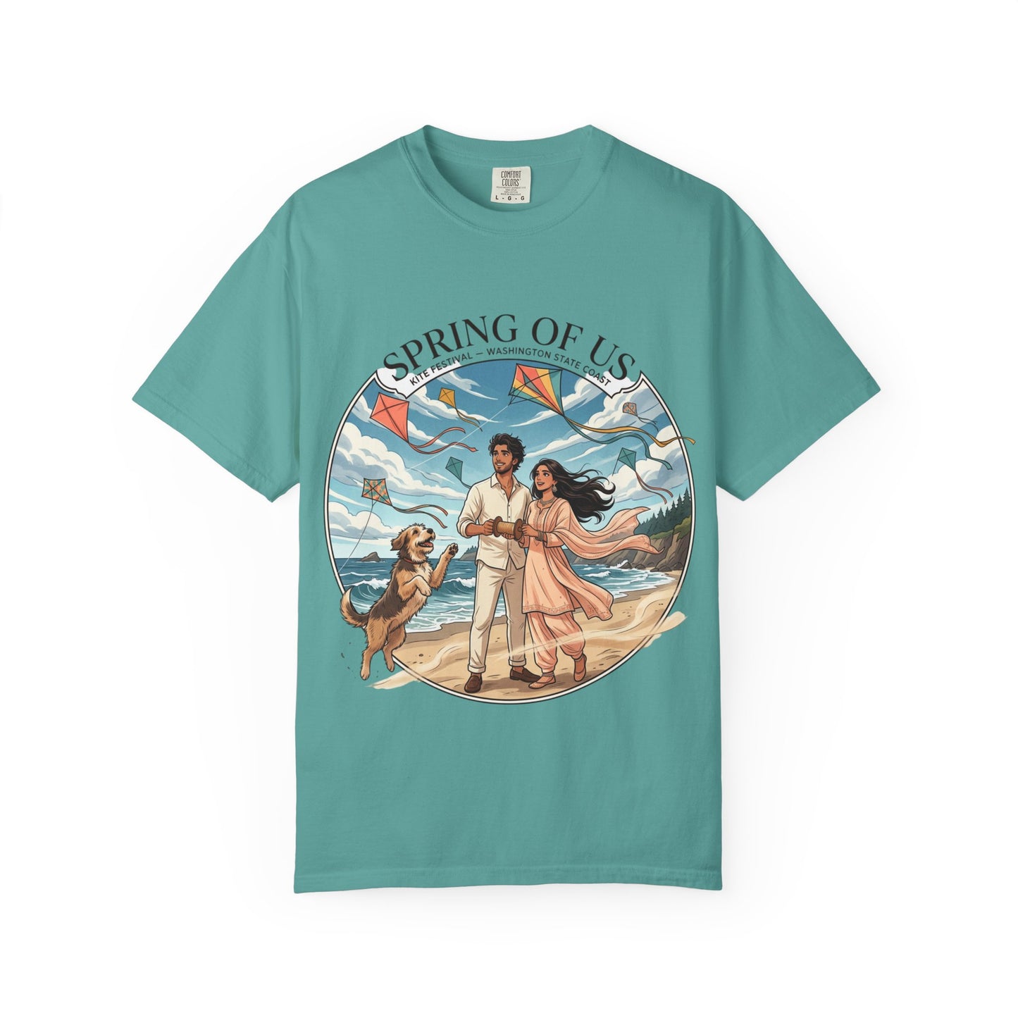 Spring of Us T-Shirt — Romantic Beach Couple Illustration with Dog