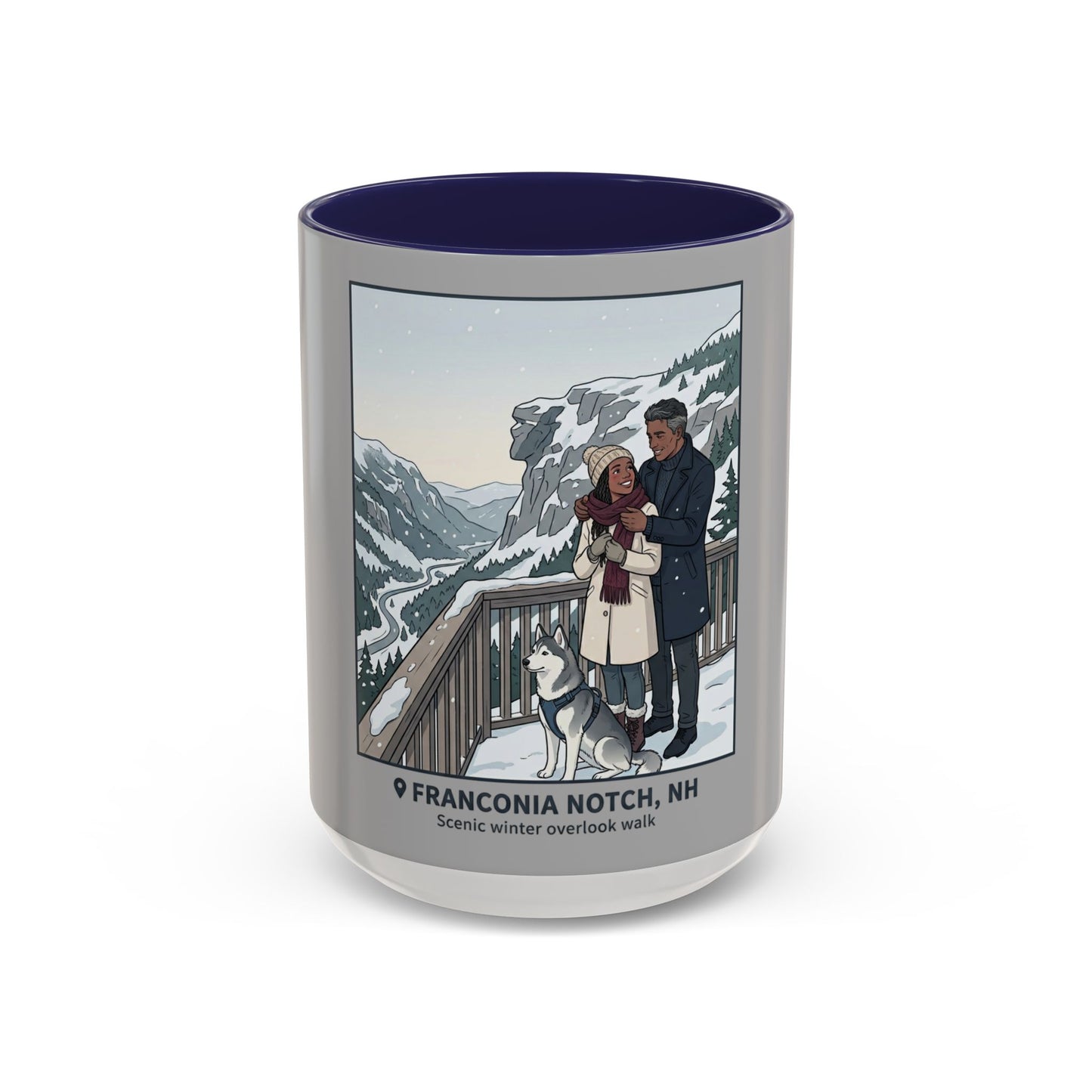 Franconia Notch Scenic Winter Mug — Couples & Dog Snowy Overlook Coffee Cup (11/15oz)