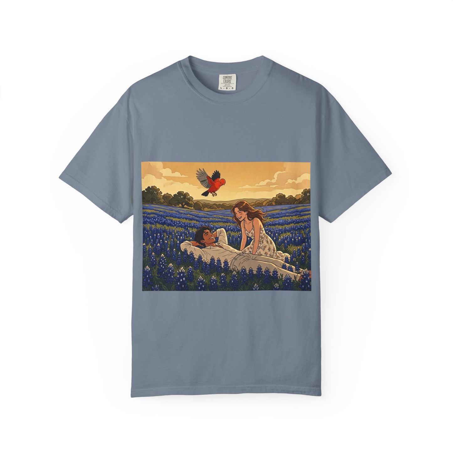 Romantic Bluebonnet Field T-Shirt — Couple in Wildflower Meadow Art Tee