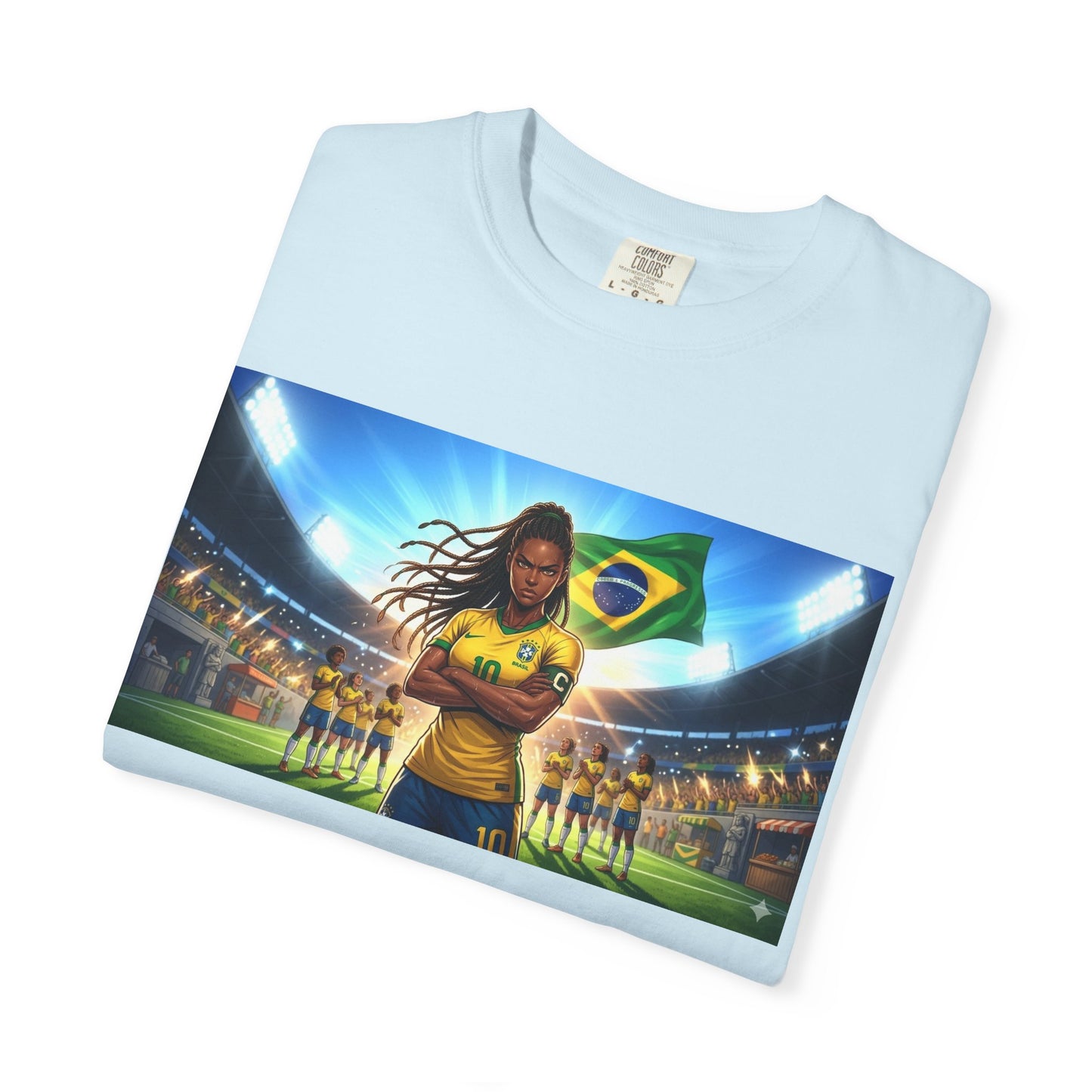 Brazil Soccer Captain T-Shirt — Player Holding Ball with Brazilian Flag Stadium Graphic