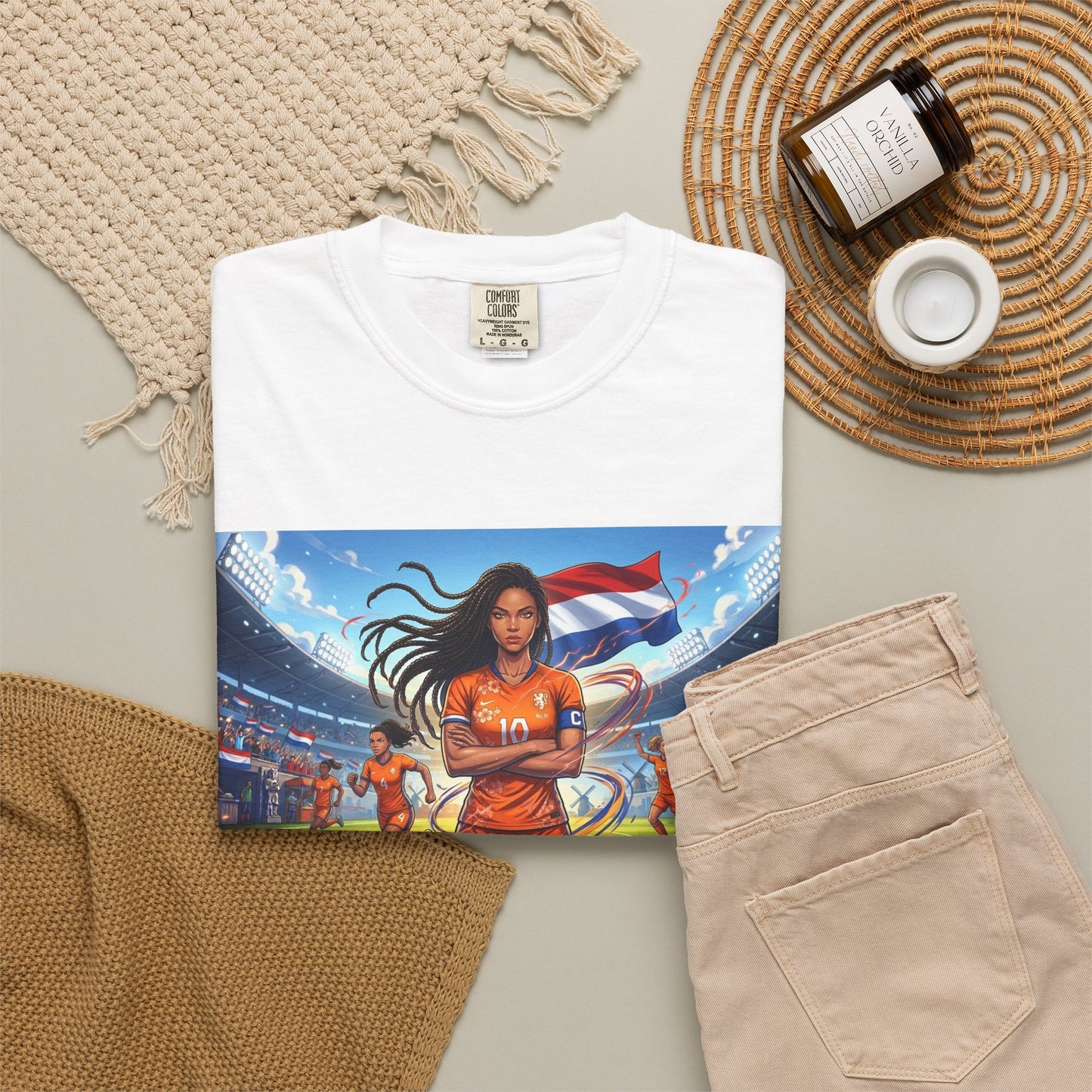 Soccer Warrior T-Shirt — Netherlands Female Captain with Flag Stadium Graphic
