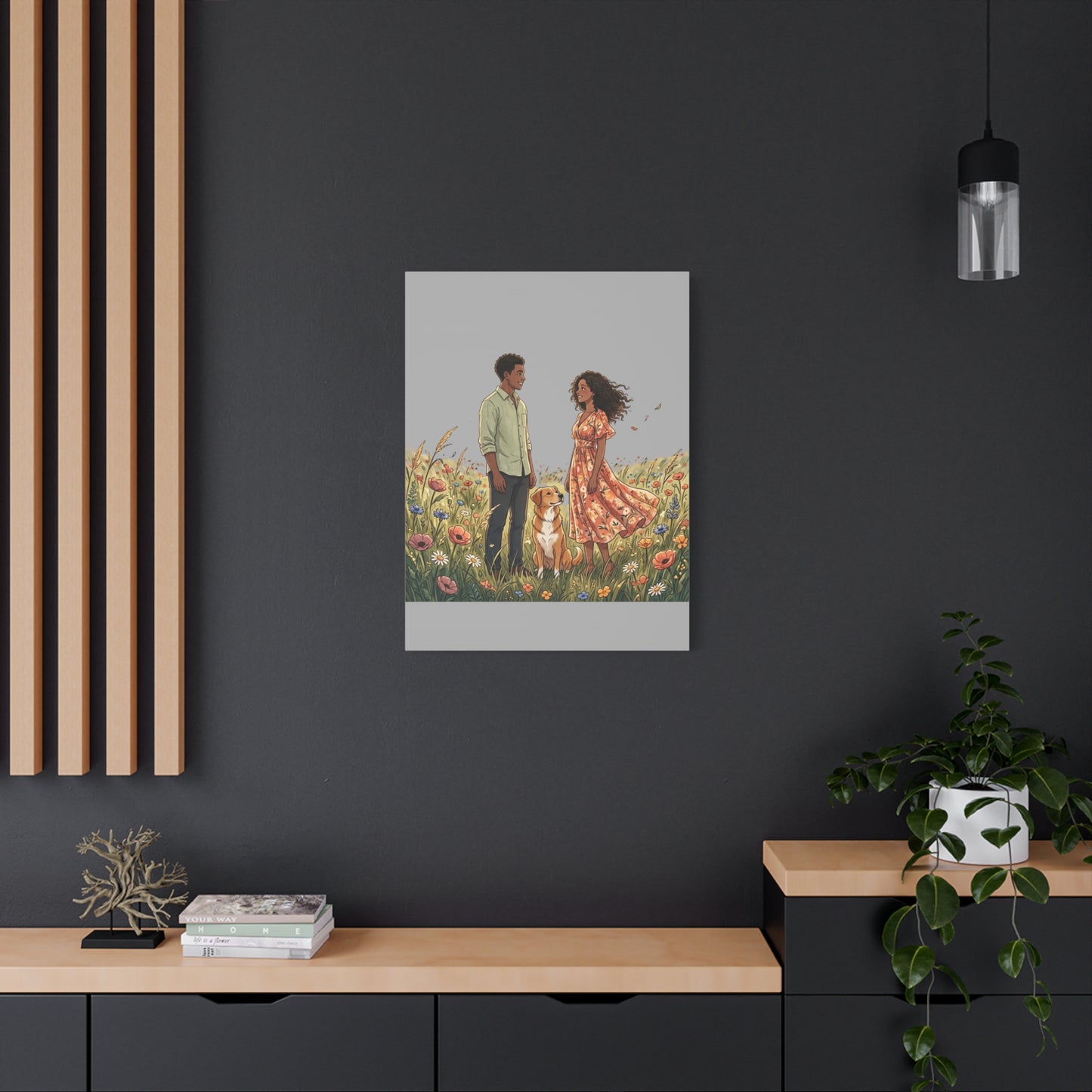 Romantic Couple in Wildflower Field Canvas Art — Black Love Wall Decor with Dog