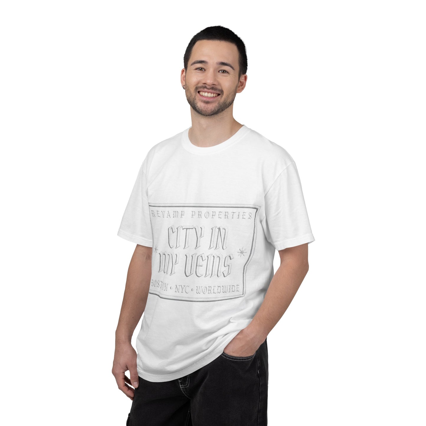 City In My Veins T‑Shirt — Vintage Cityscape Tee (Boston • NYC • Manchester)