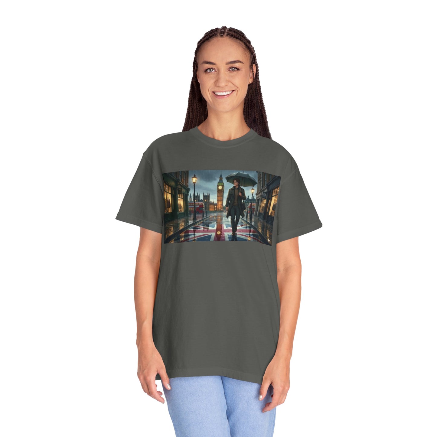 T-Shirt — Rainy London Street Scene Graphic Tee (Big Ben, Umbrella, Night Cityscape)