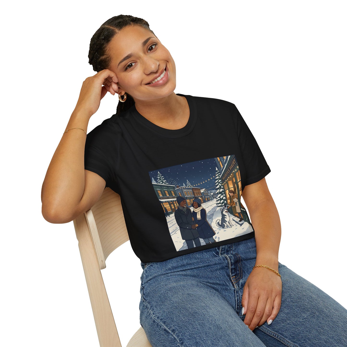 Winter String Lights Stroll T-Shirt — Cozy Holiday Street Scene Graphic Tee