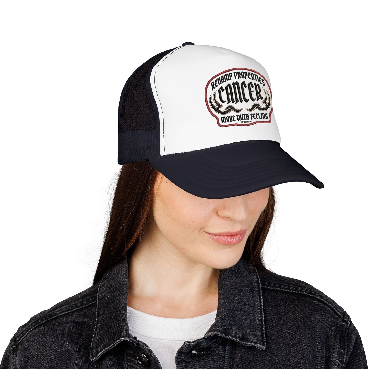Cancer Zodiac Trucker Hat — Vintage Embroidered Skull & Crab Design