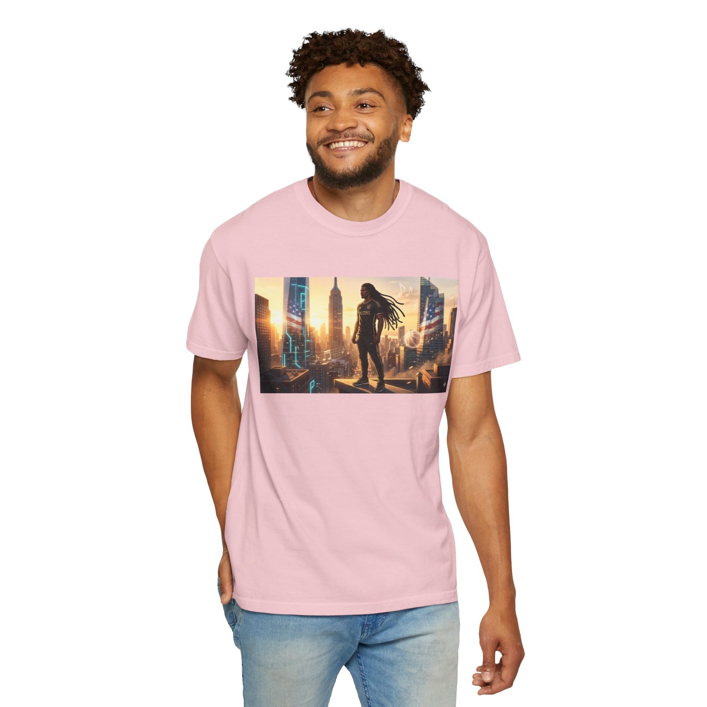 Cyberpunk Cityscape T-Shirt — Silhouette Hero at Sunset