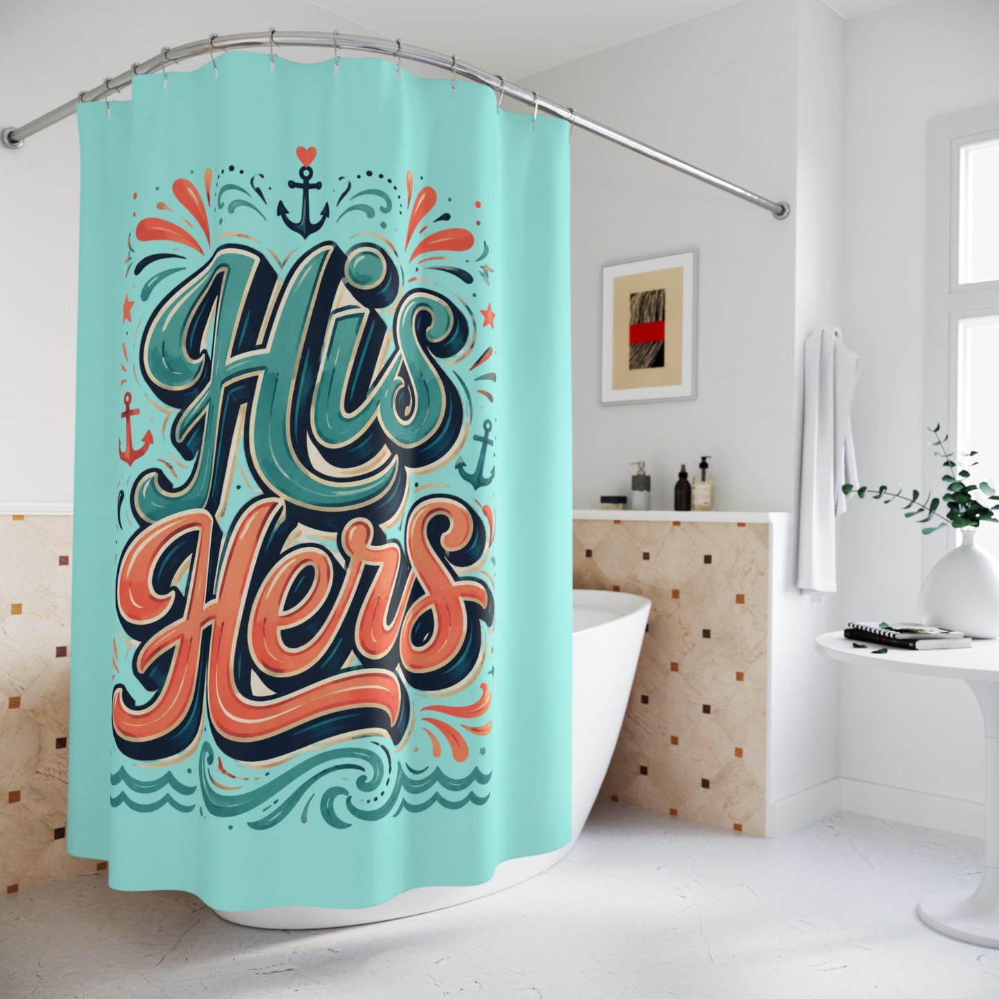 Deep Blue Duo Shower Curtain – His & Hers Teal Anchor Bathroom Decor