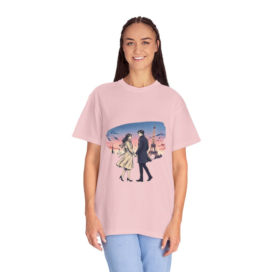 Paris Sunset Romance T-Shirt — Couple Walking by Eiffel Tower Graphic Tee
