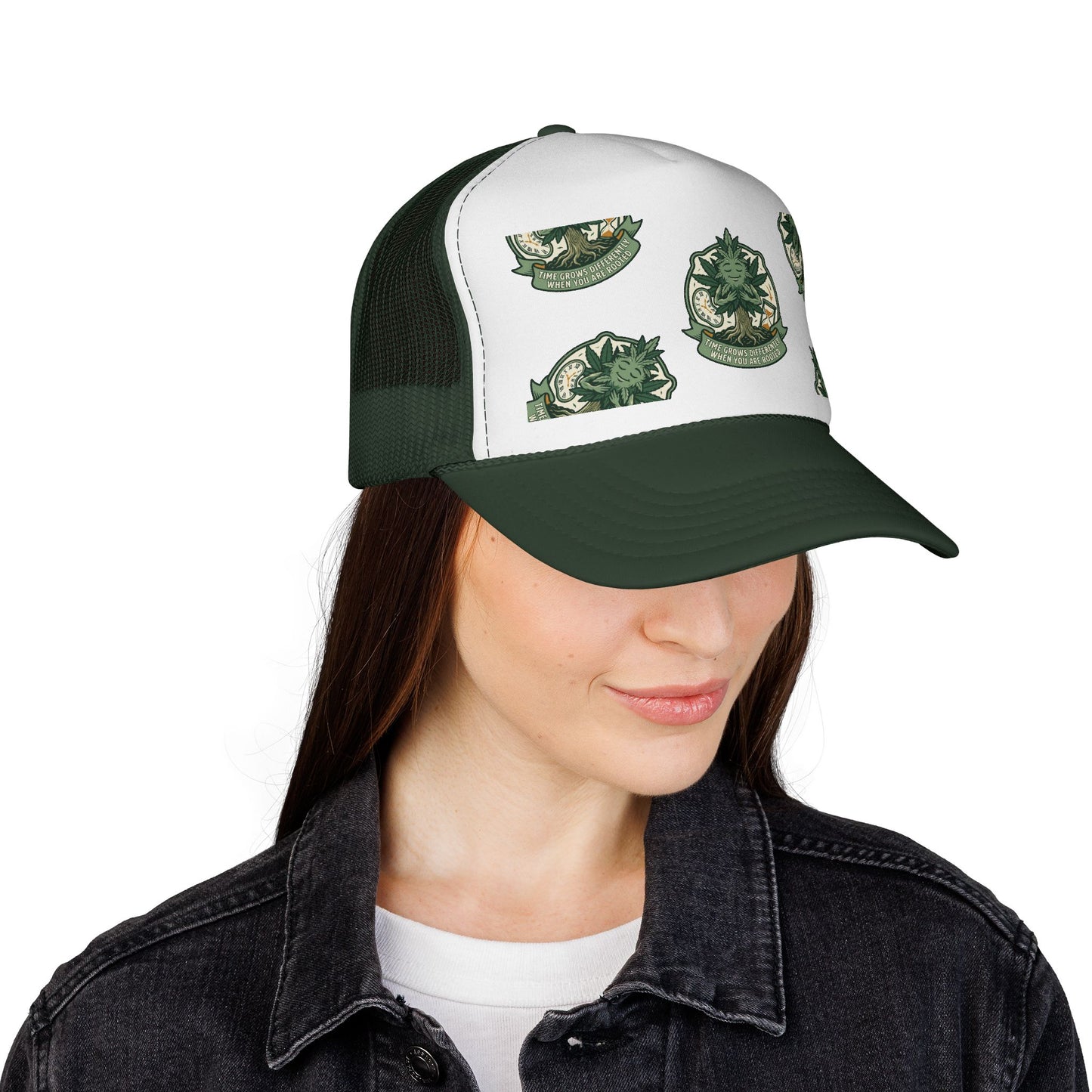 Trucker Cap — Green Botanical Crest Pattern