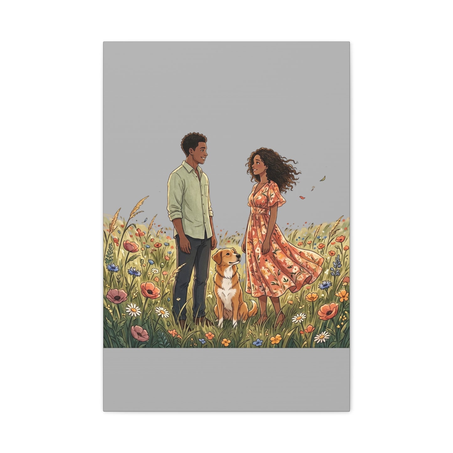 Romantic Couple in Wildflower Field Canvas Art — Black Love Wall Decor with Dog