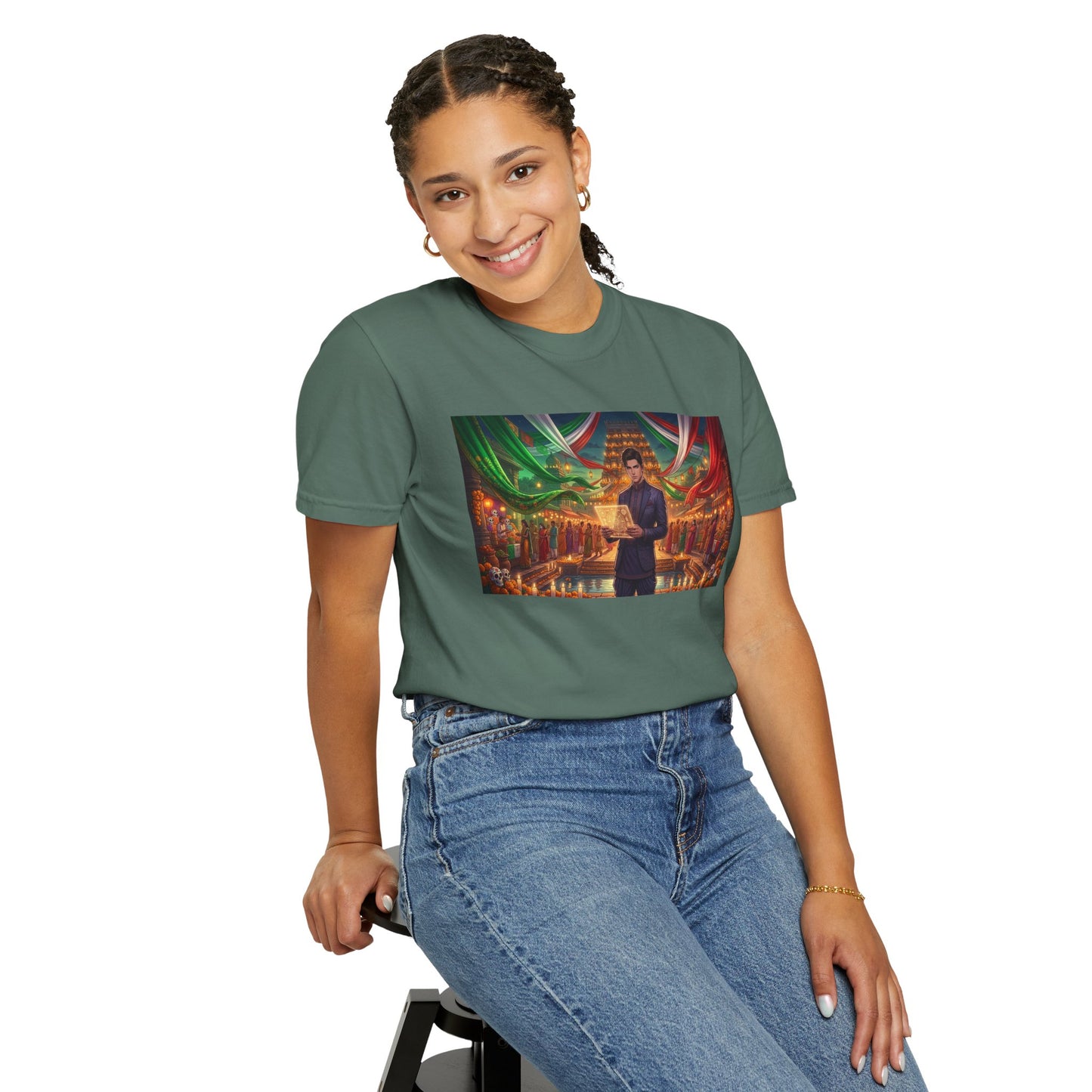 T-Shirt — Dragon Temple Night Scene Graphic Tee (Monk with Dragons)