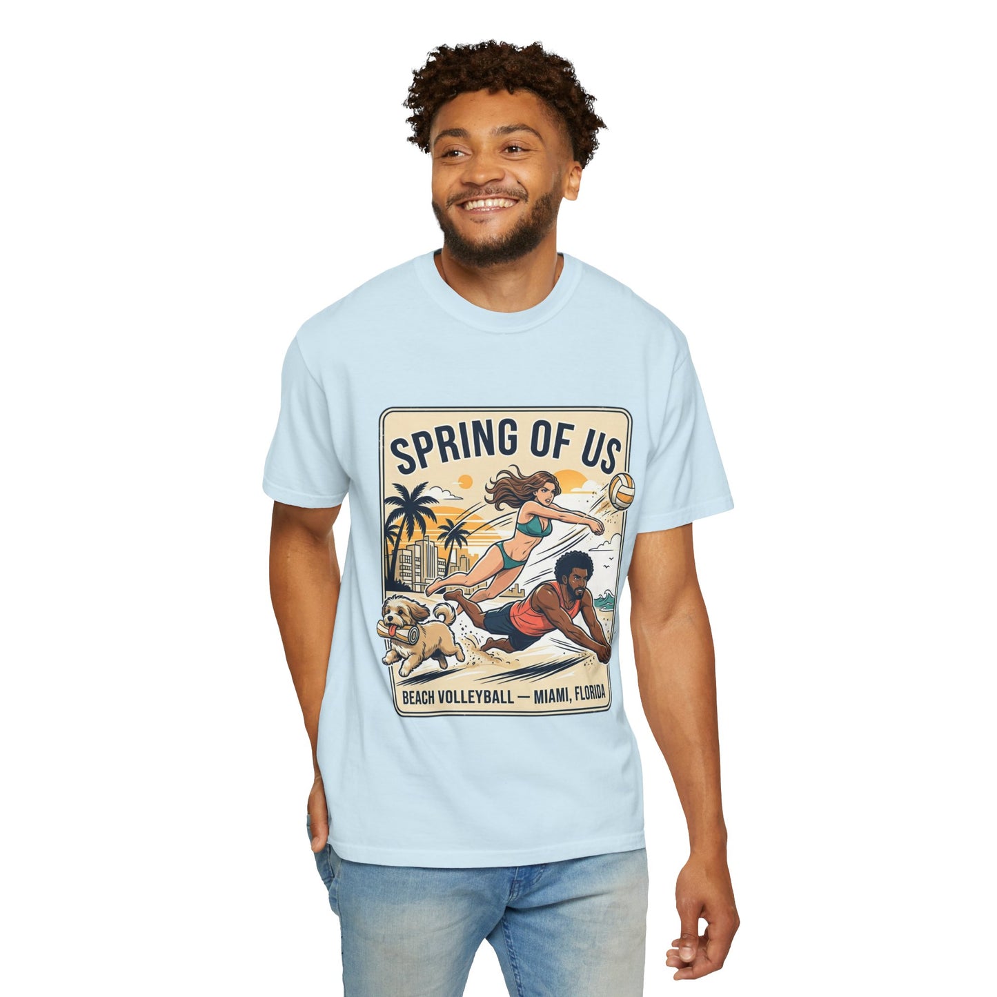 Spring of Us Beach Volleyball T-Shirt — Miami, Florida Retro Sun & Palm Tee