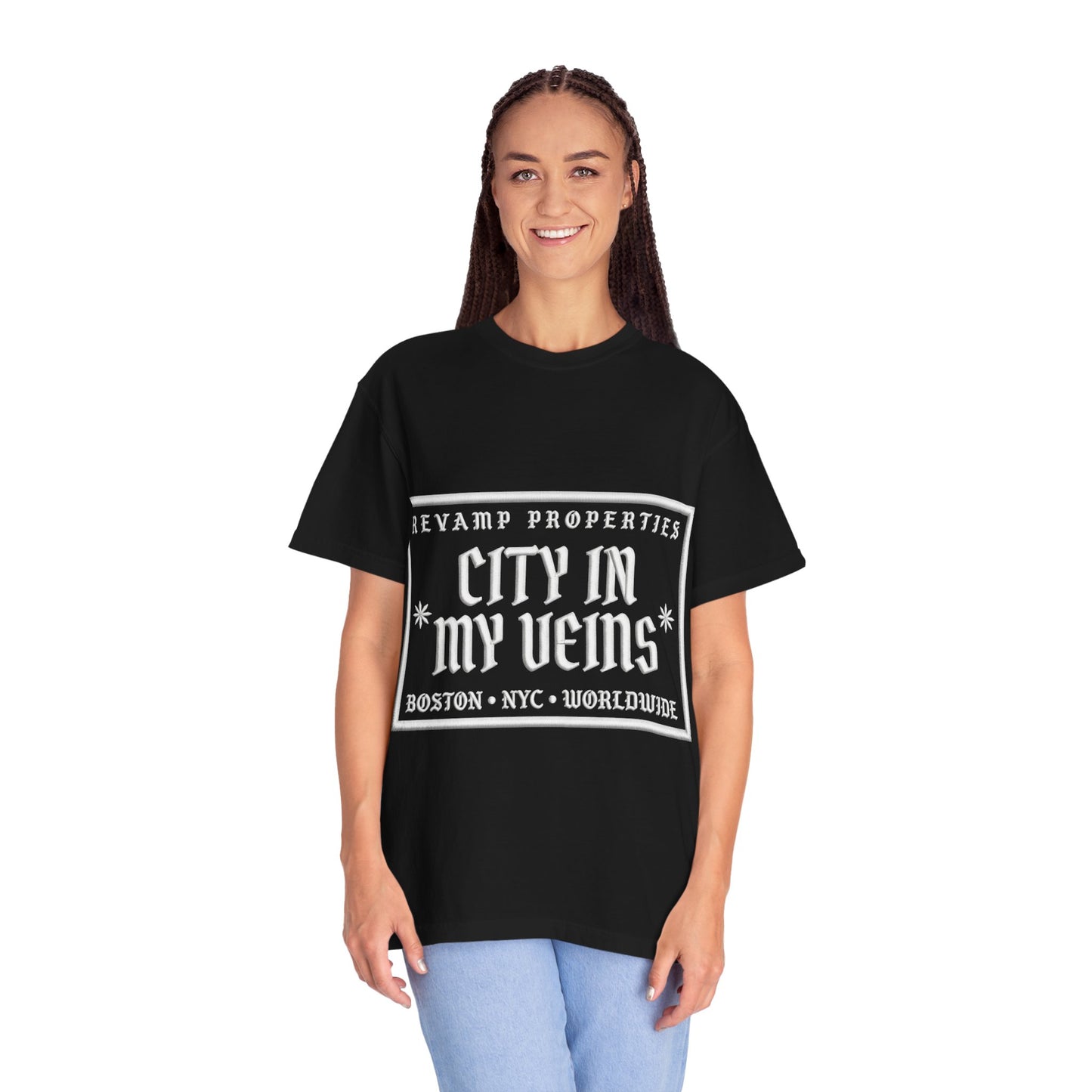 City In My Veins T‑Shirt — Vintage Cityscape Tee (Boston • NYC • Manchester)