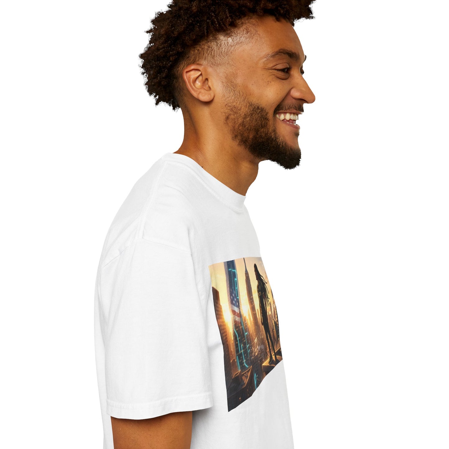 Cyberpunk Cityscape T-Shirt — Silhouette Hero at Sunset