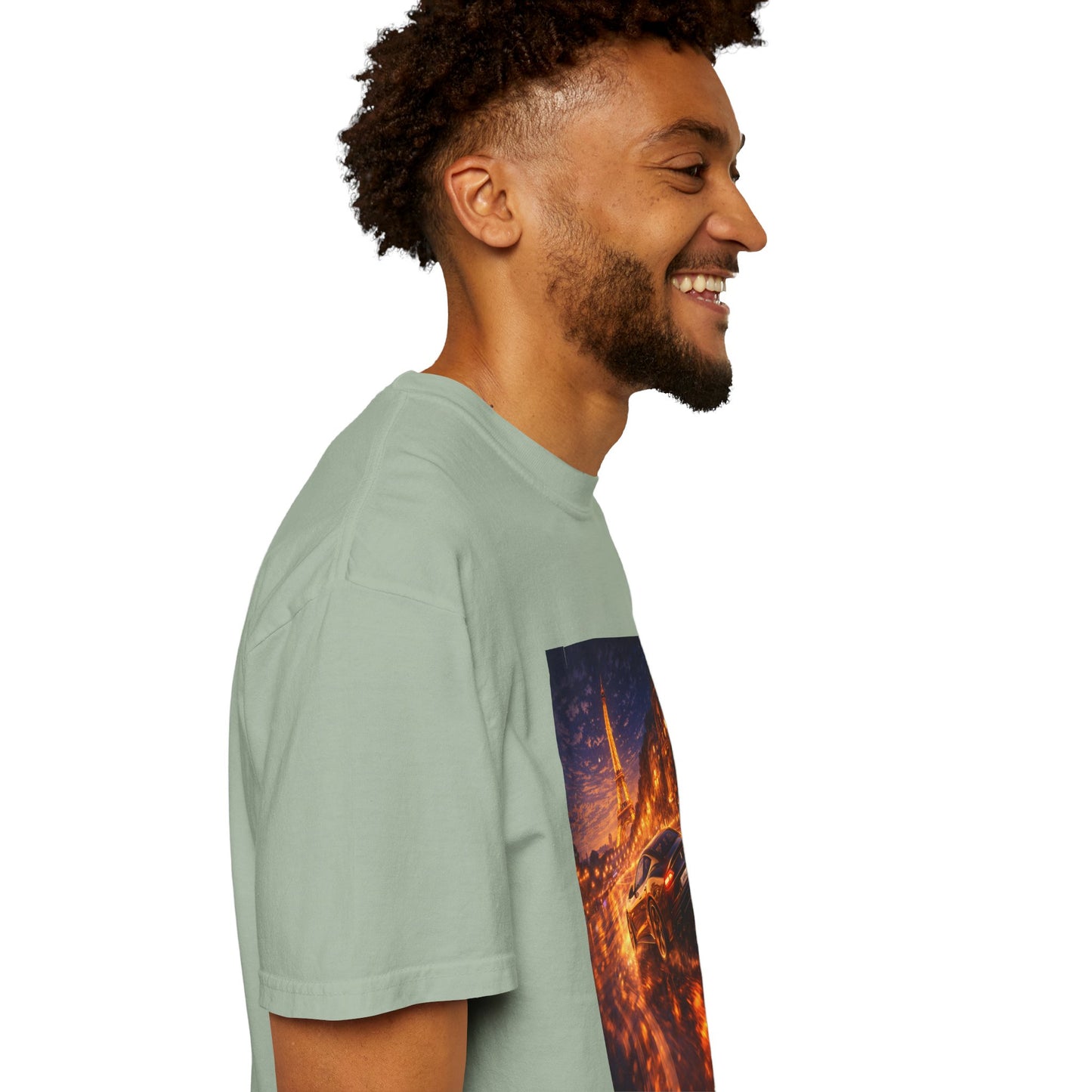 Paris Night Drive T-Shirt — Sports Car in Rainy Cityscape