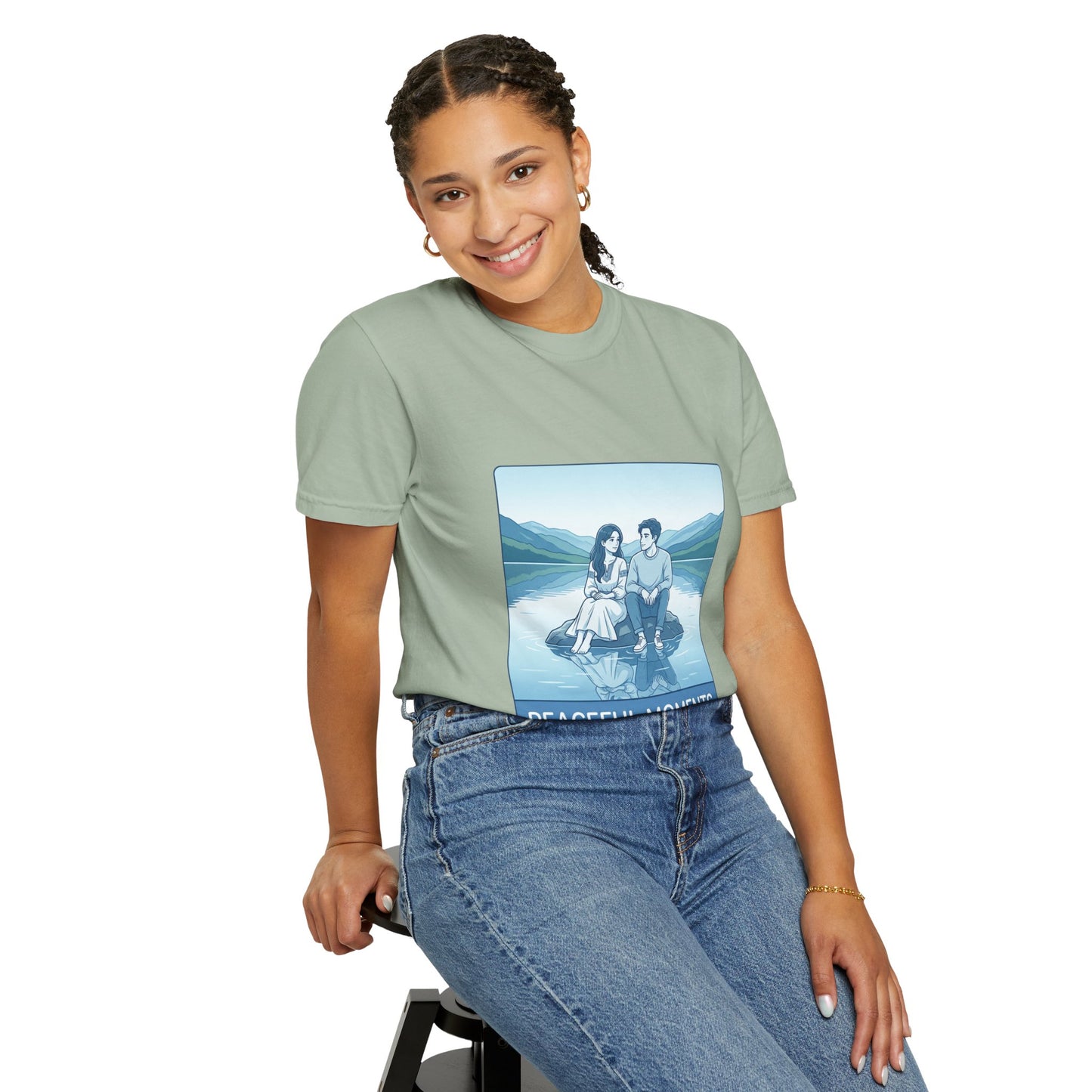 Peaceful Moments Tee — Couple Sitting by Lake Graphic T-Shirt