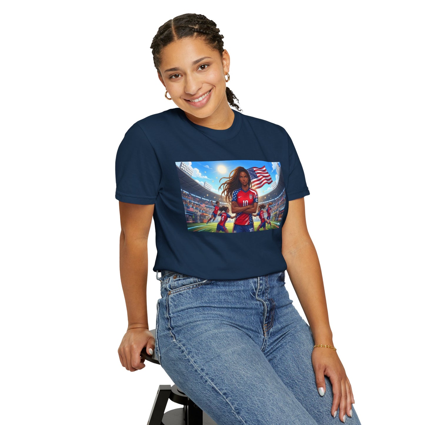 Soccer Mom USA T-Shirt — Female Soccer Player with American Flag Stadium Graphic