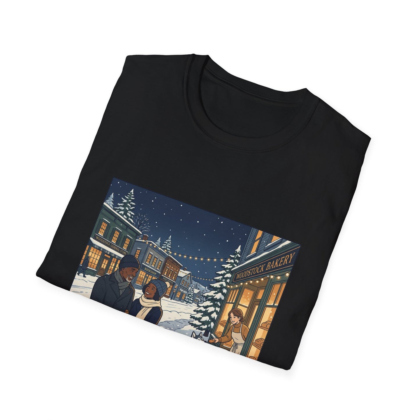 Winter String Lights Stroll T-Shirt — Cozy Holiday Street Scene Graphic Tee