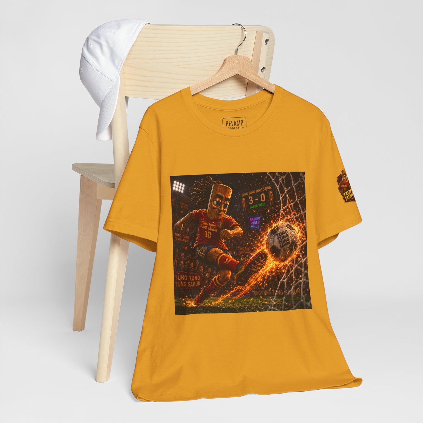 Tung Tung Tung Sahur Soccer Kick Firestorm Graphic Tee — ‘Goal’ Animated Kick Design
