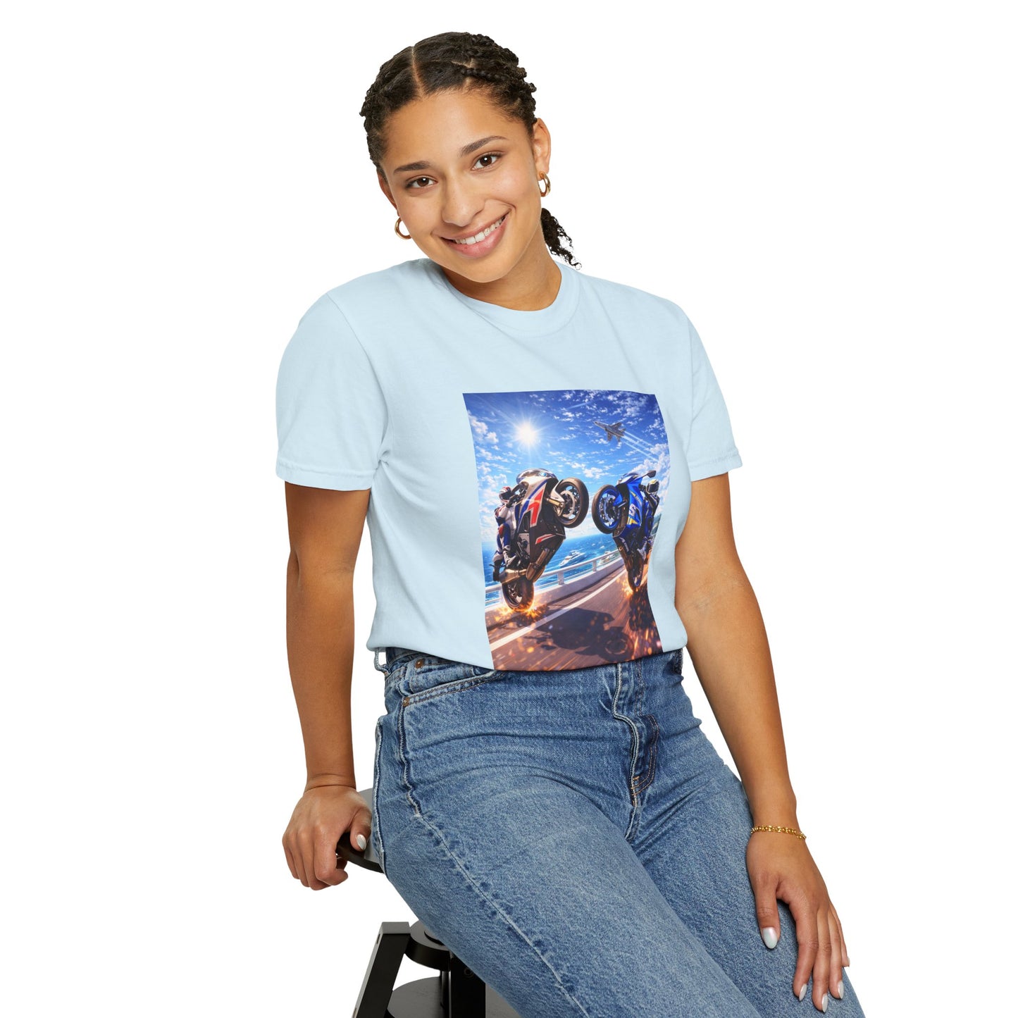 Stunt Riders Motorcycle T-Shirt — Two Bike Wheelie Racing Graphic Tee