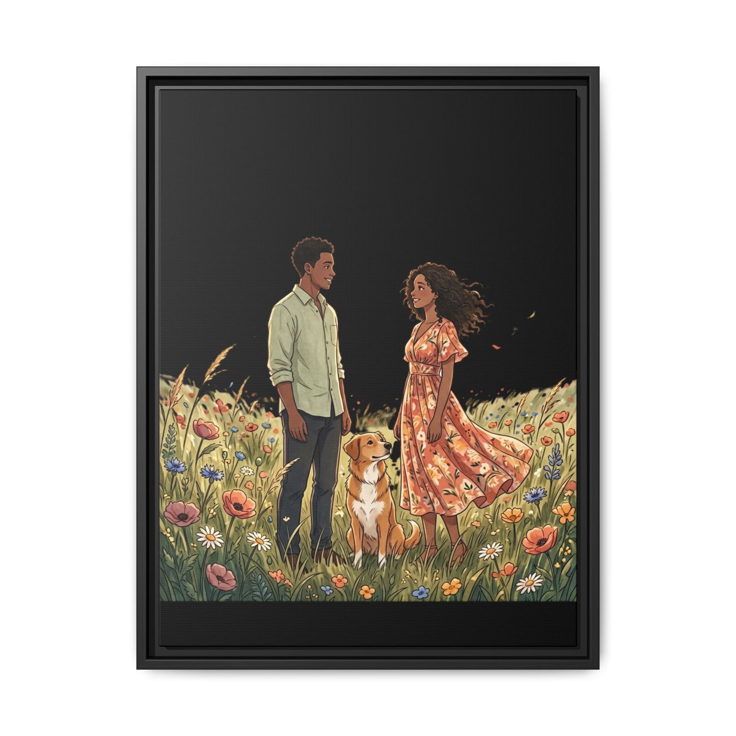 Framed Matte Canvas Print — Romantic Couple in Wildflower Field (Multi‑Color)