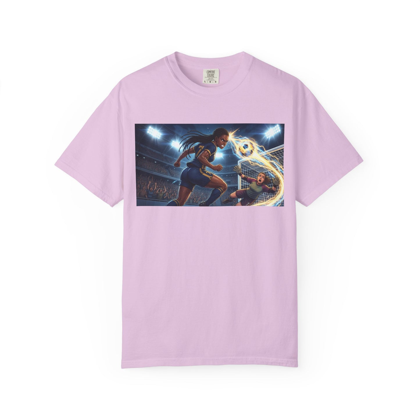 Soccer Duel Graphic T-Shirt — Futuristic Goalkeeper vs Striker Stadium Print