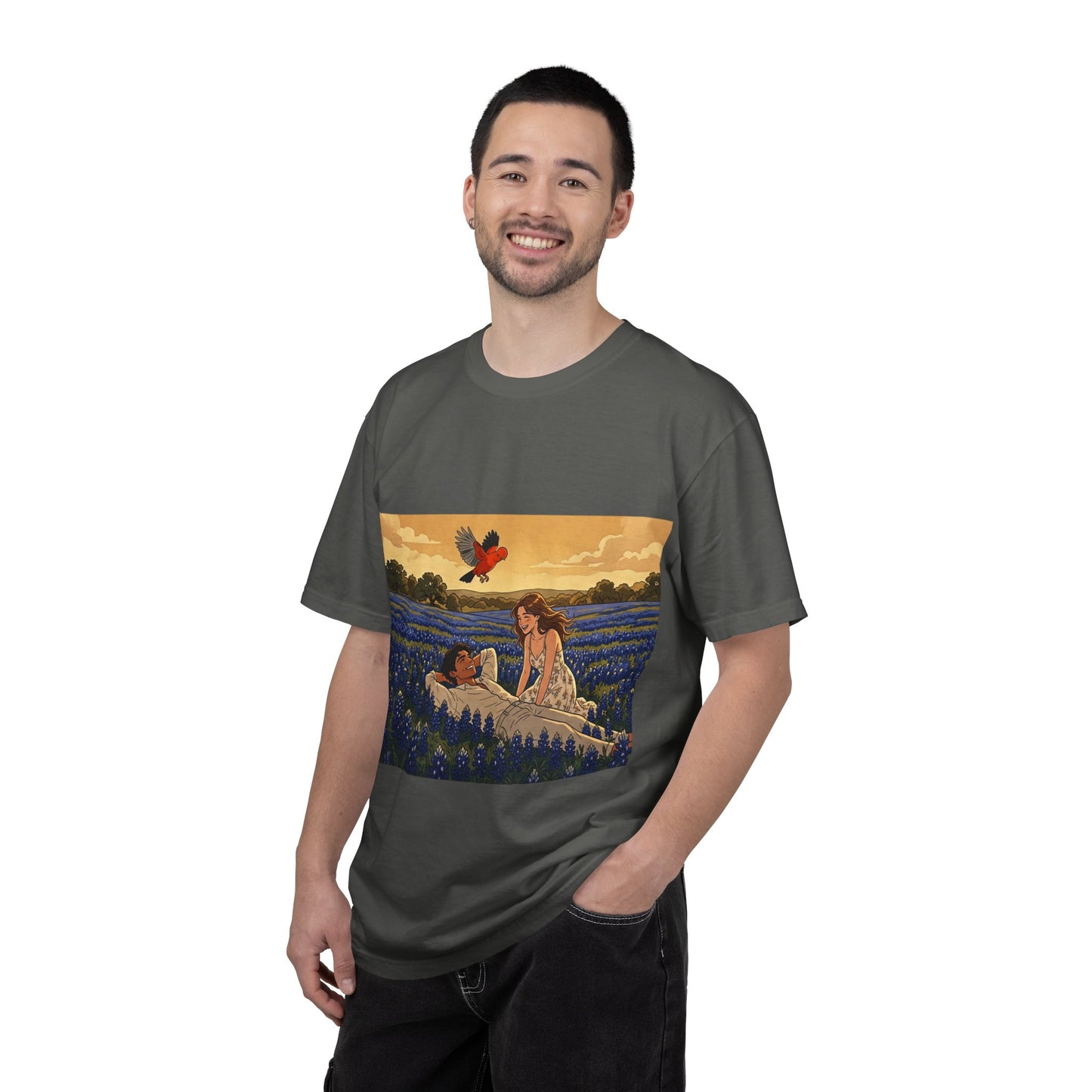 Romantic Bluebonnet Field T-Shirt — Couple in Wildflower Meadow Art Tee
