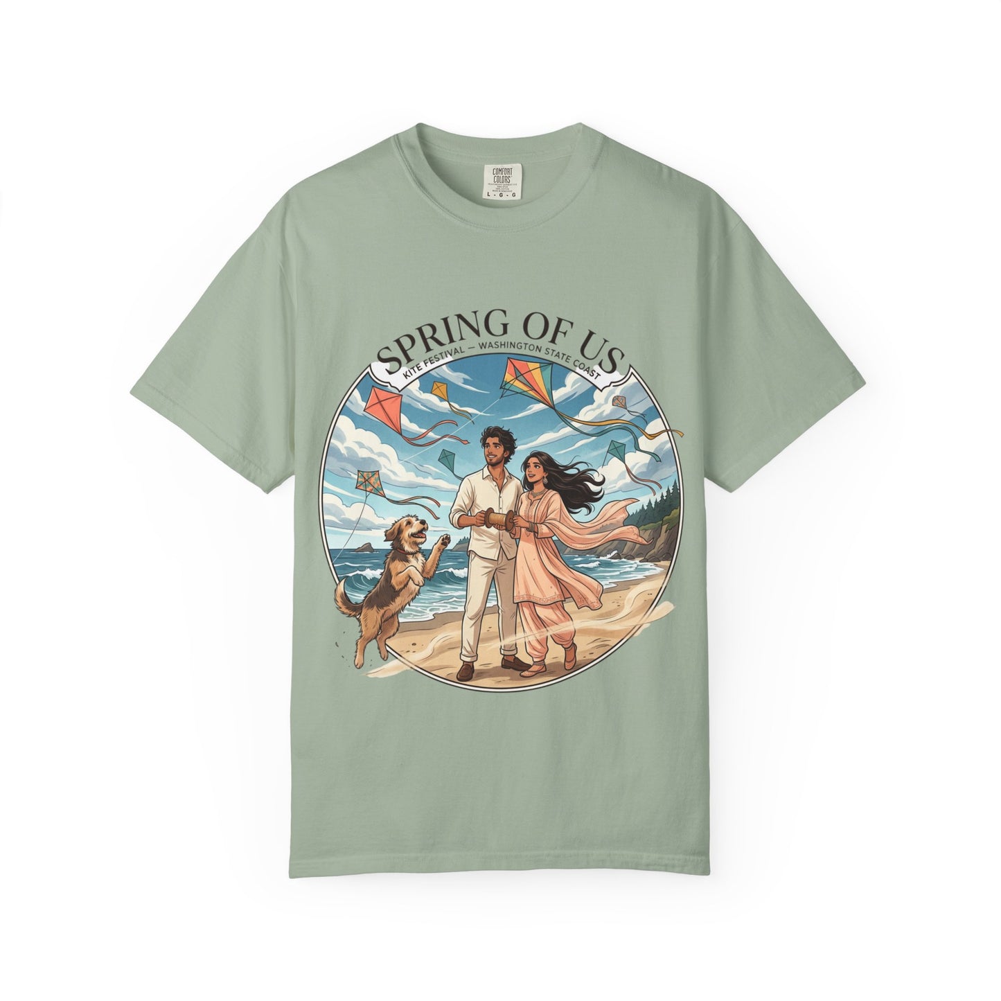 Spring of Us T-Shirt — Romantic Beach Couple Illustration with Dog