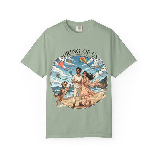 Spring of Us T-Shirt — Romantic Beach Couple Illustration with Dog